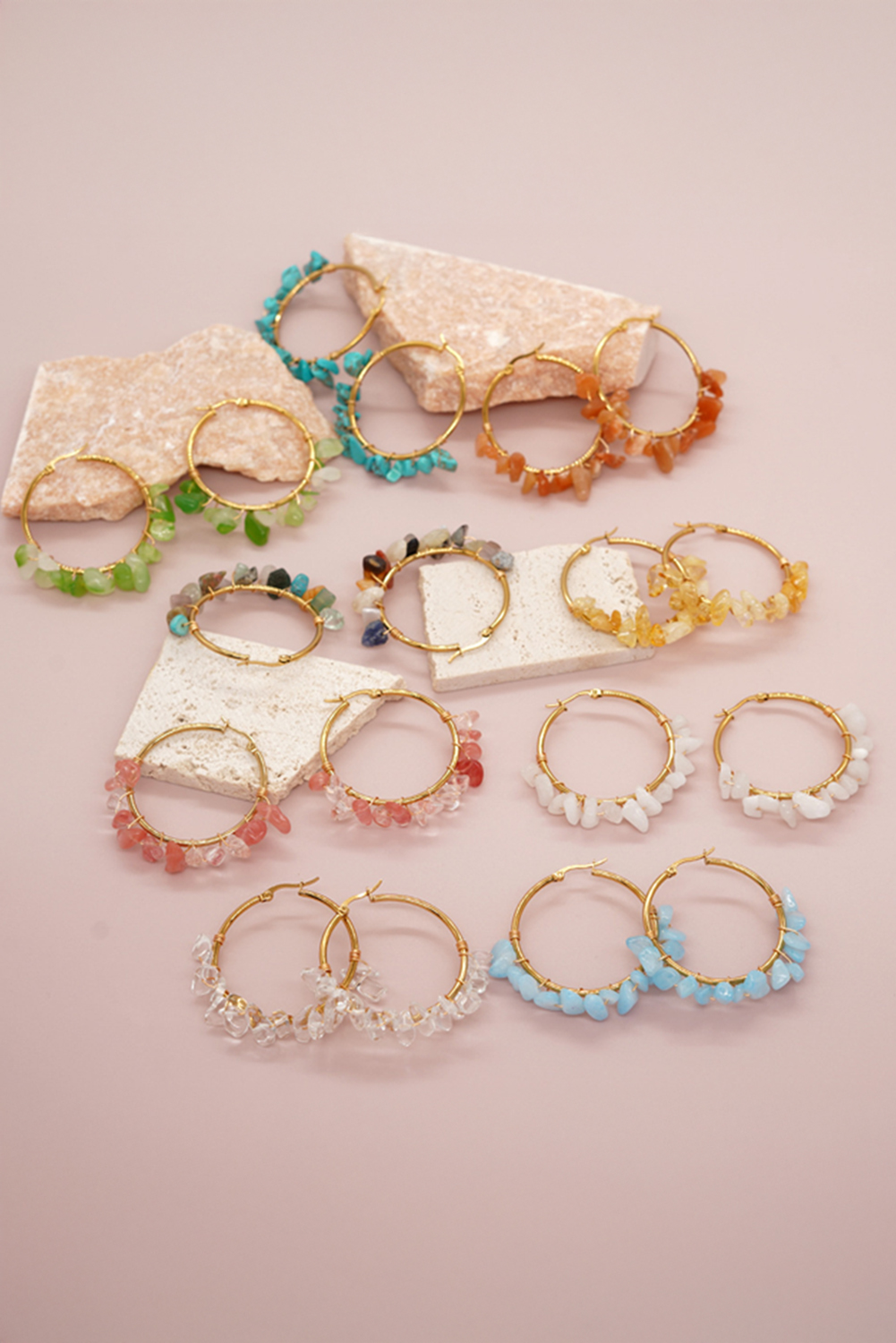 Turquoise Irregular Stone Beading Golden Plated Hoop Earrings