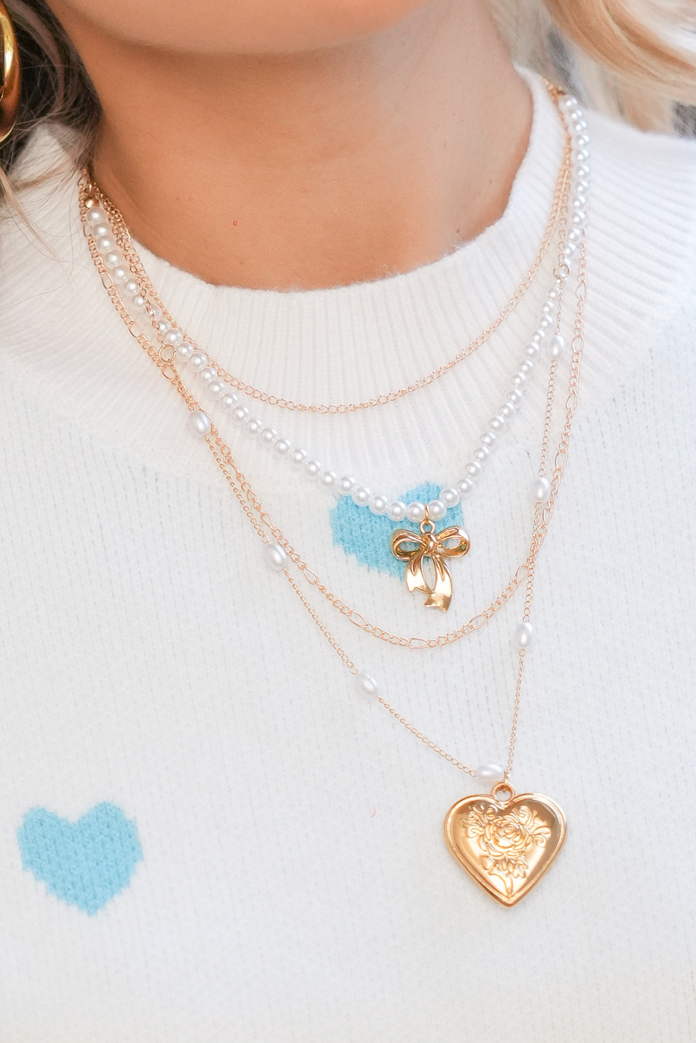 Gold Plated Bow Heart Pendant Pearl Beading Multilayer Necklace