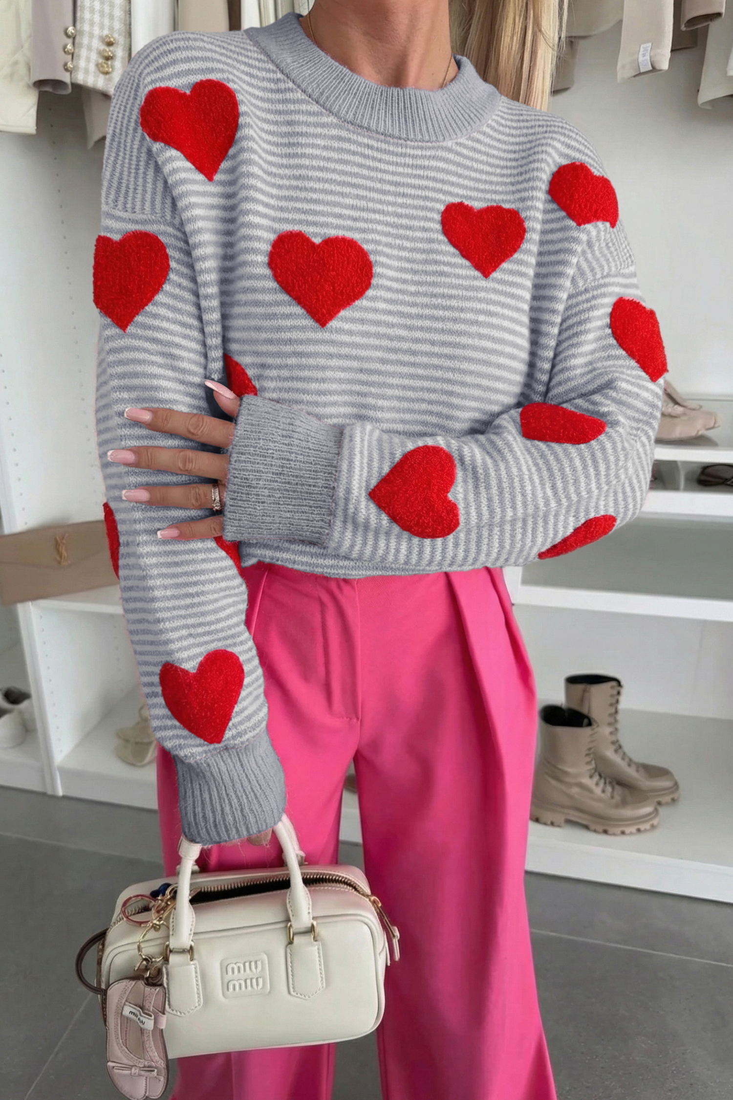 Gray Stripe Contrast Heart Pattern Valentine Knit Sweater