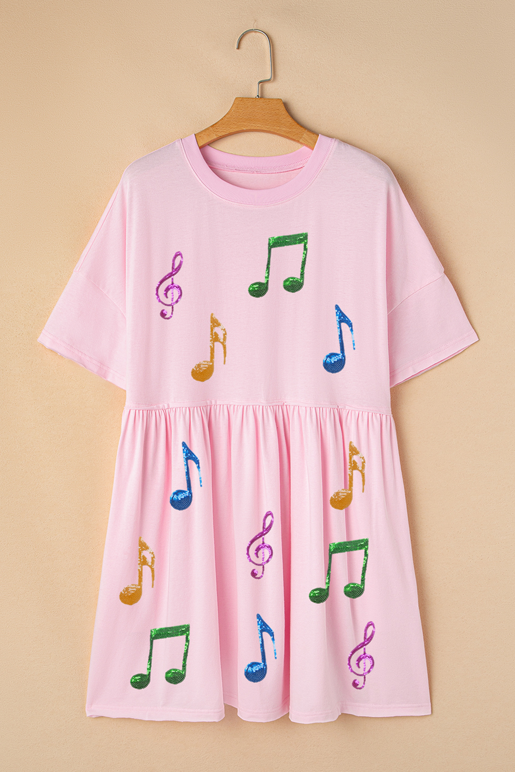 Light Pink Sequined Note Pattern Raw Edge Music Festival Babydoll T-shirt Dress