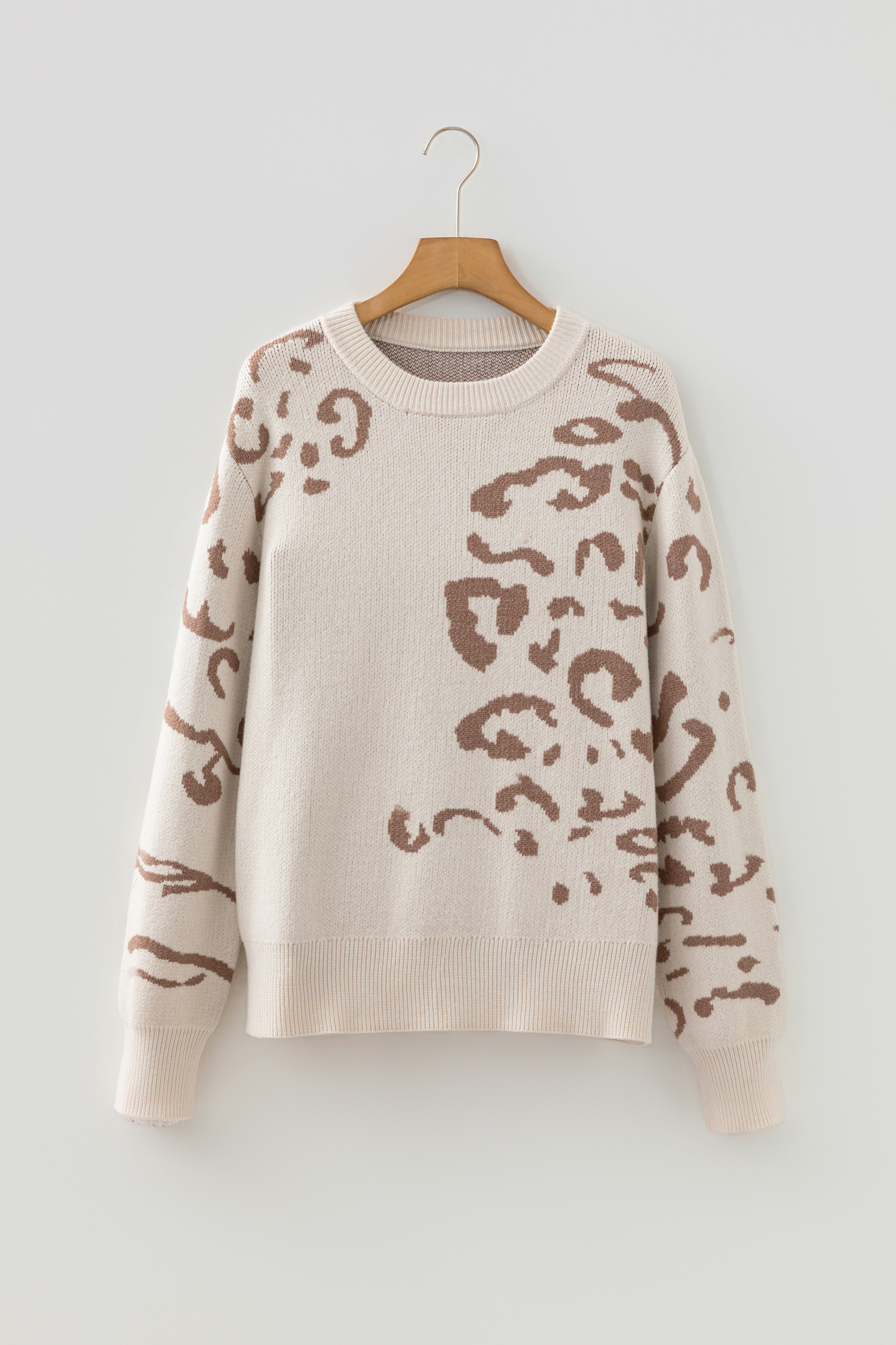 Camel Asymmetric Leopard Print Detail Drop Shoulder Sweater
