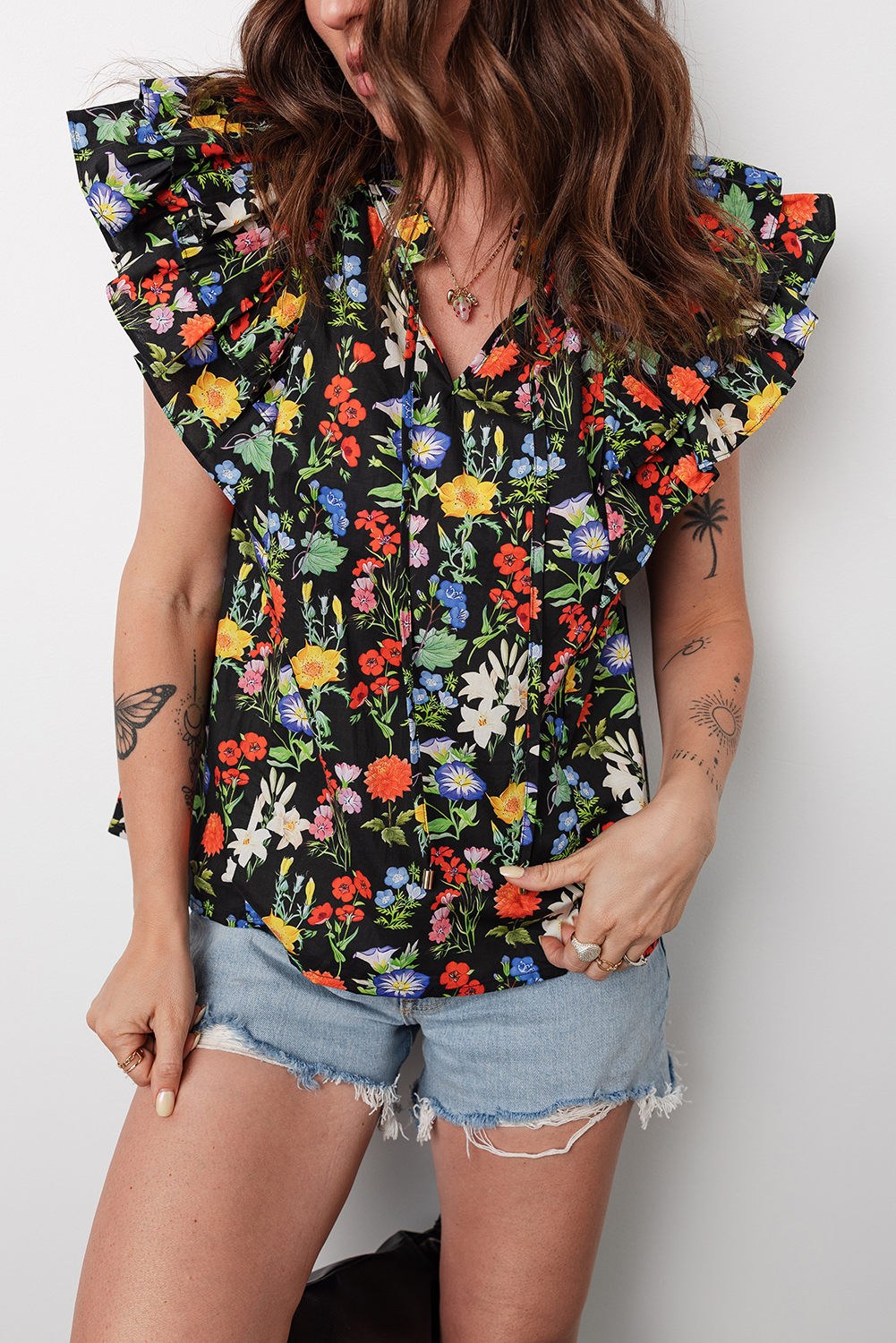 Black Tiered Flutter Sleeve V Neck Flower Blouse