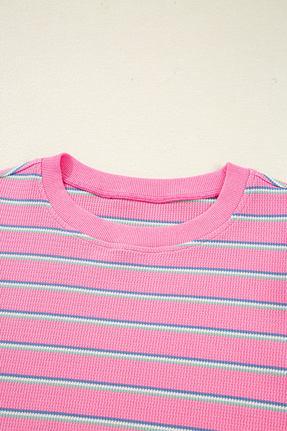 Rose Stripe Textured Knit Round Neck Long Sleeve Top