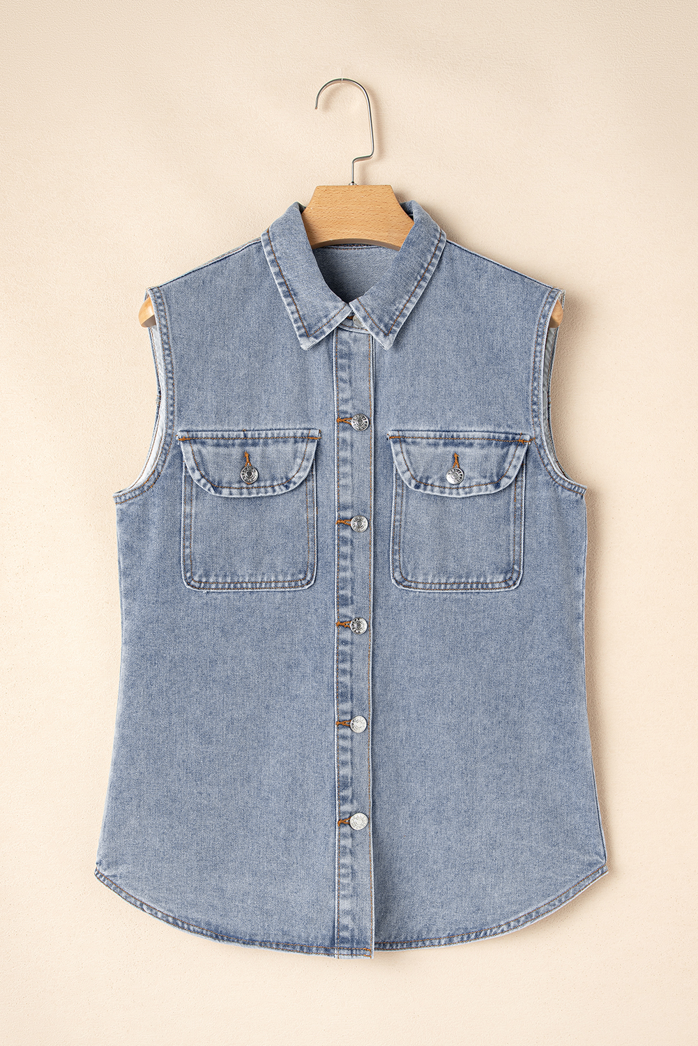 Beau Blue Denim Flap Pocket Curved Hem Shirt Vest