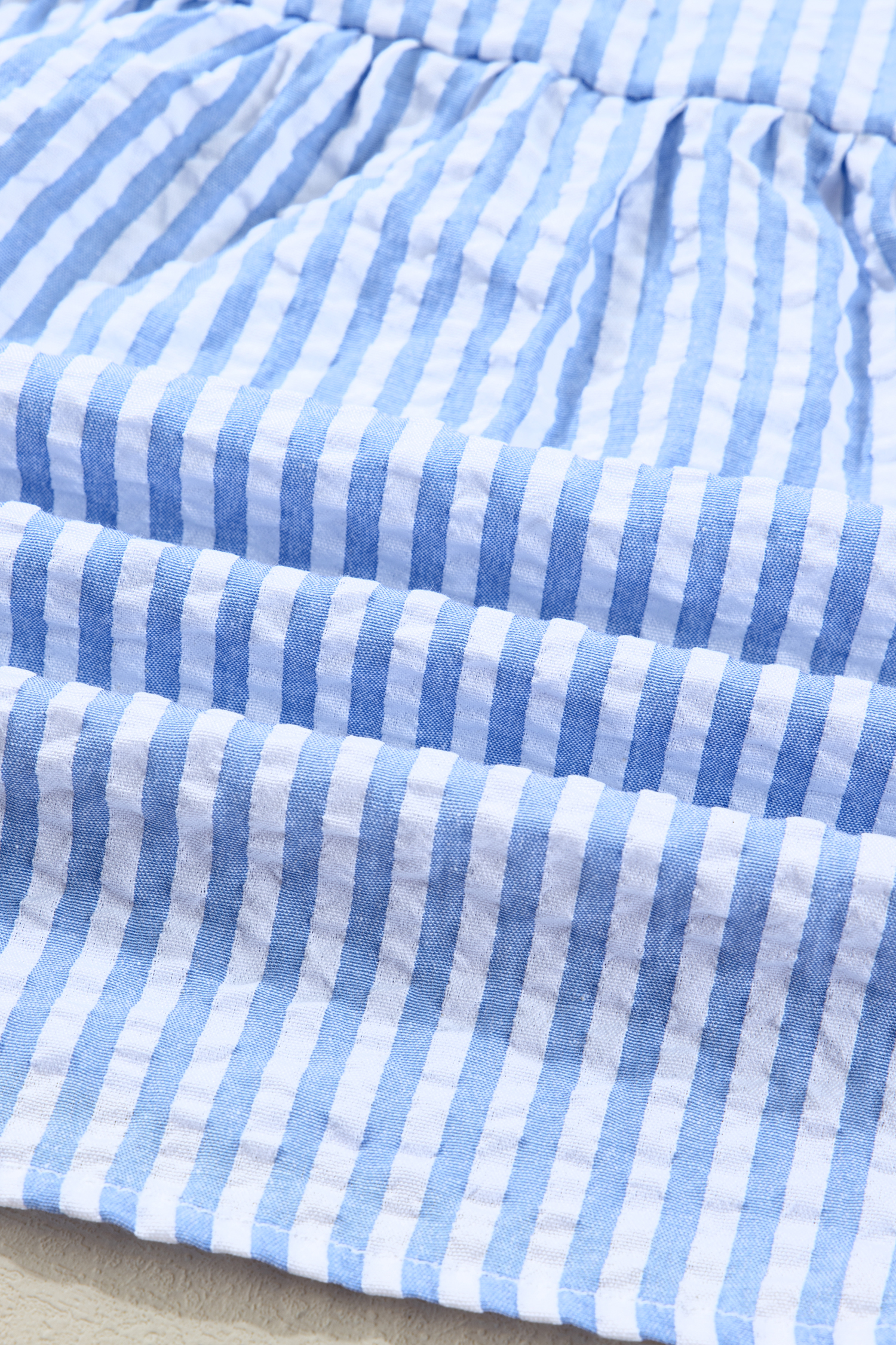 Sky Blue Stripe Seersucker Textured Notched Neck Long Puff Sleeve Tiered Curvy Dress