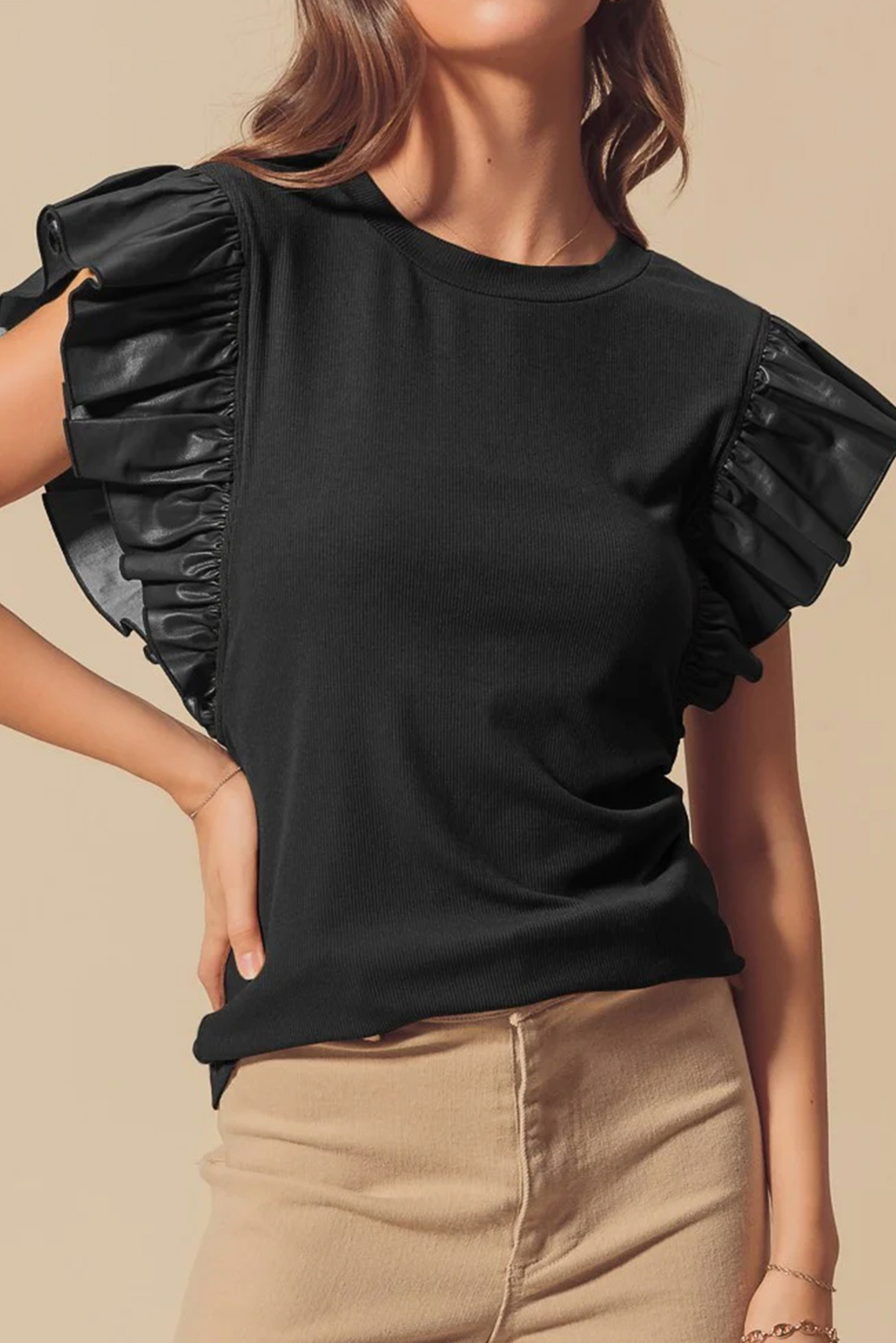 Black GAME DAY Checkered Letter Graphic Leatherette Ruffle Sleeve Top