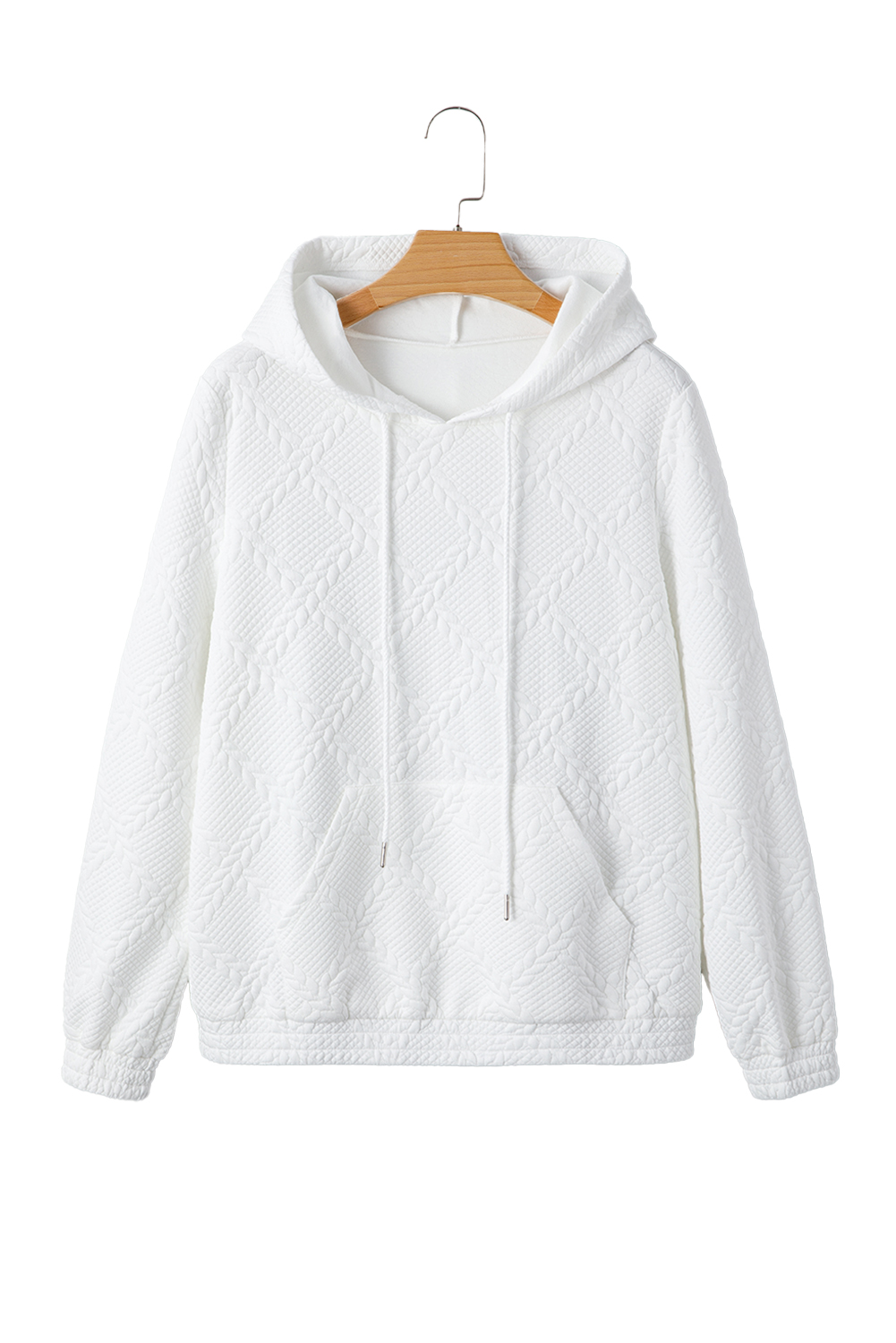 White Cable Lattice Texture Kangaroo Pocket Hoodie