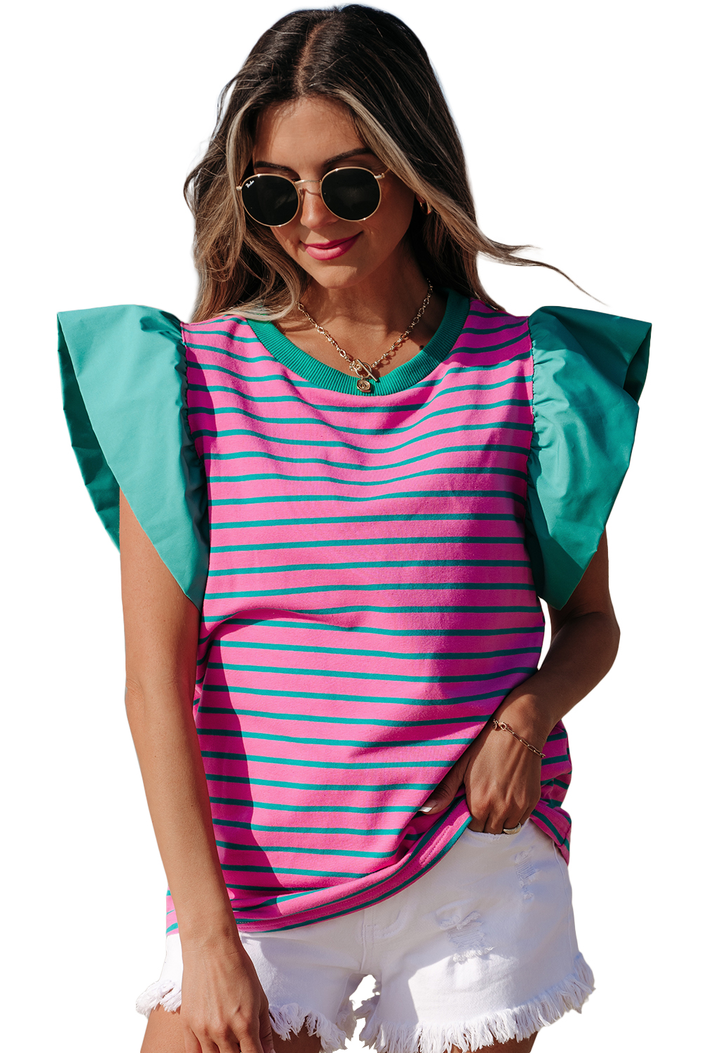 Pink Stripe Collared V Neck Puff Sleeve T Shirt Dress
