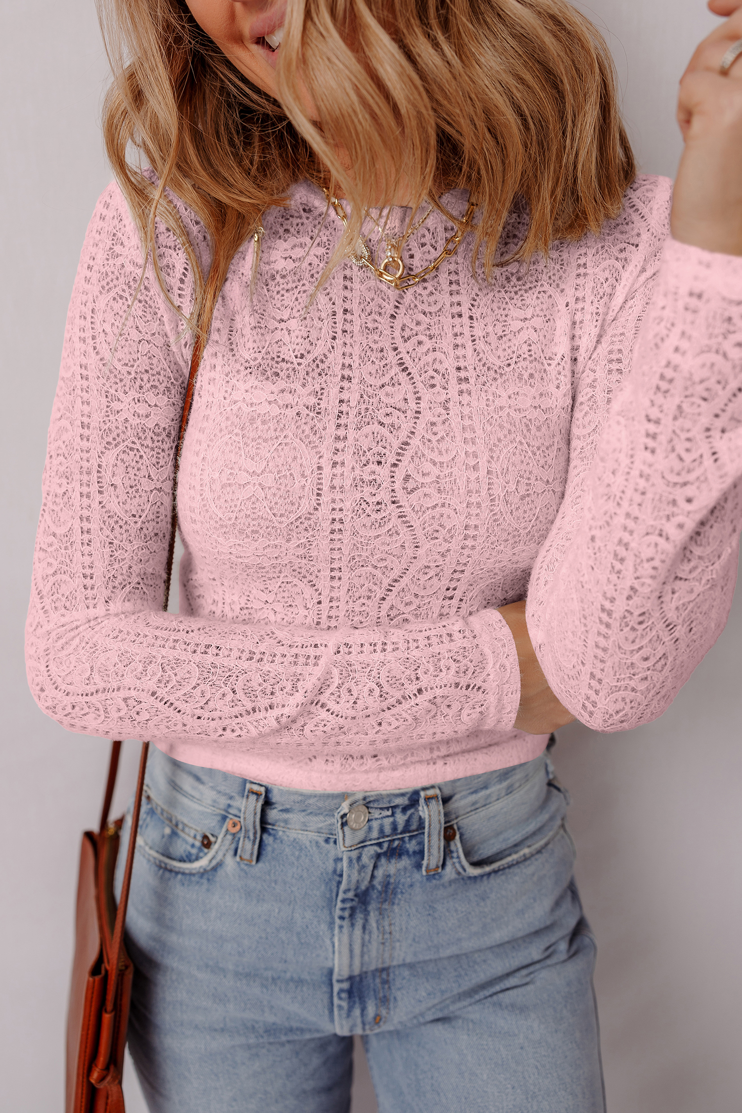 Light Pink Semi Sheer Lace Long Sleeve Cropped Top