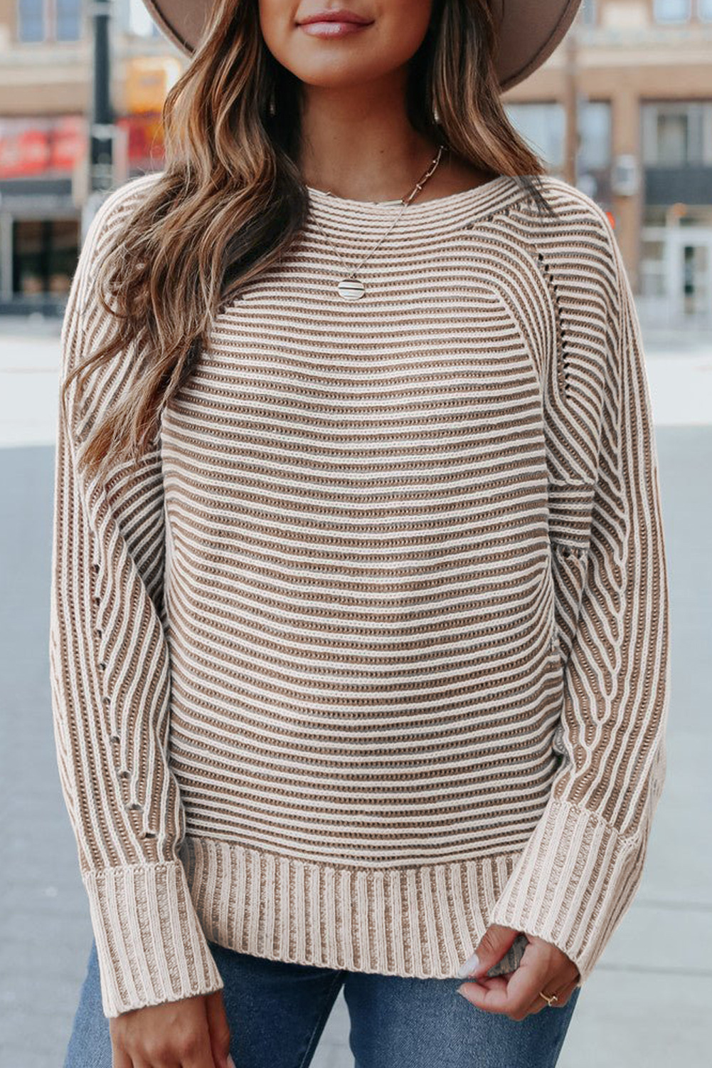 Coffee Striped Print Ribbed Knit Boat Neck Baggy Sweater