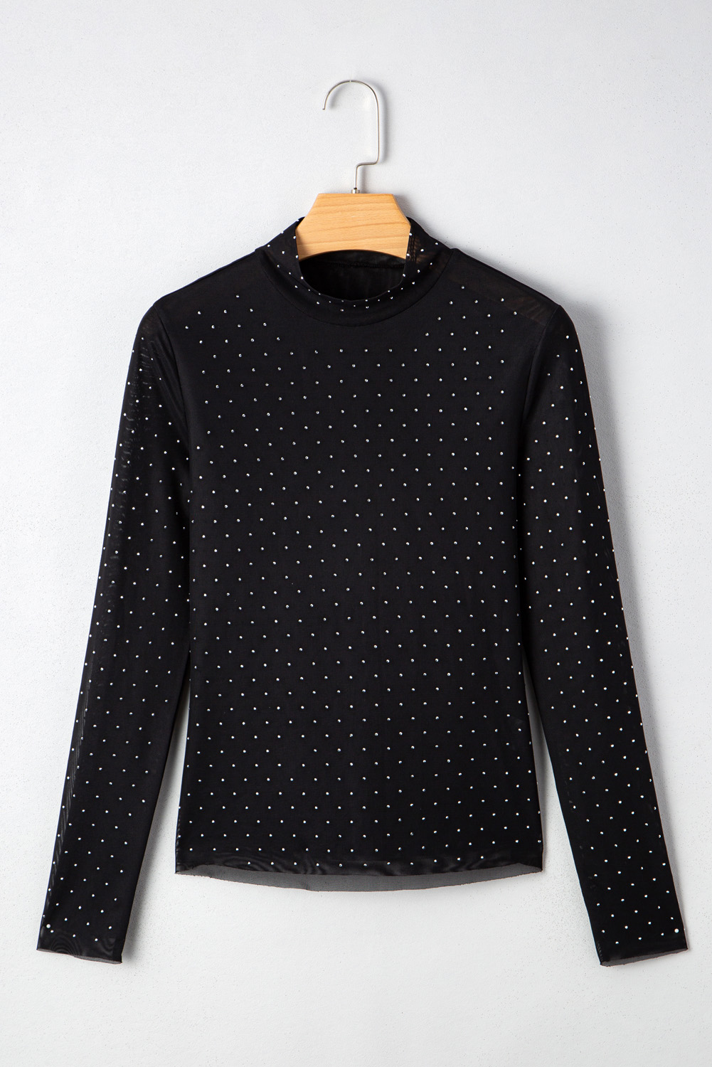 Black Rhinestone Embellished Mesh Long Sleeve Top