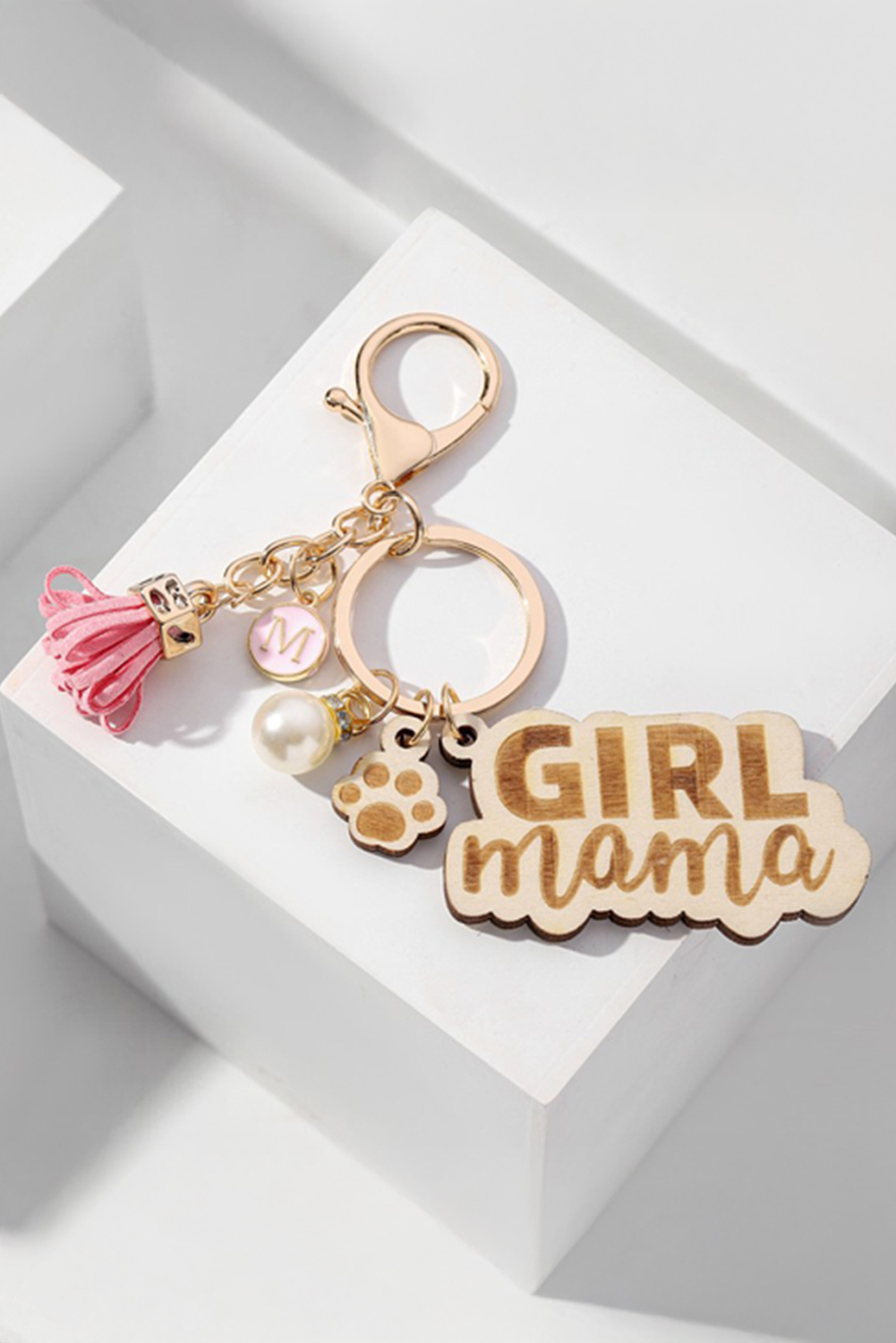 Pink Girl Mama Dog Claw Pearl Tassel Keychain