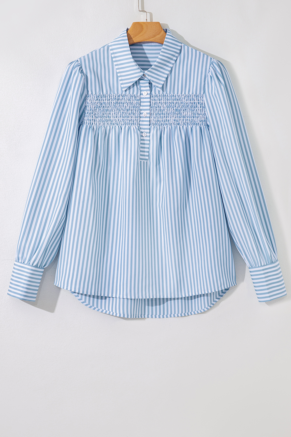 Sky Blue Stripe Shirred Detail Half Placket Collared Long Sleeve Fall Shirt