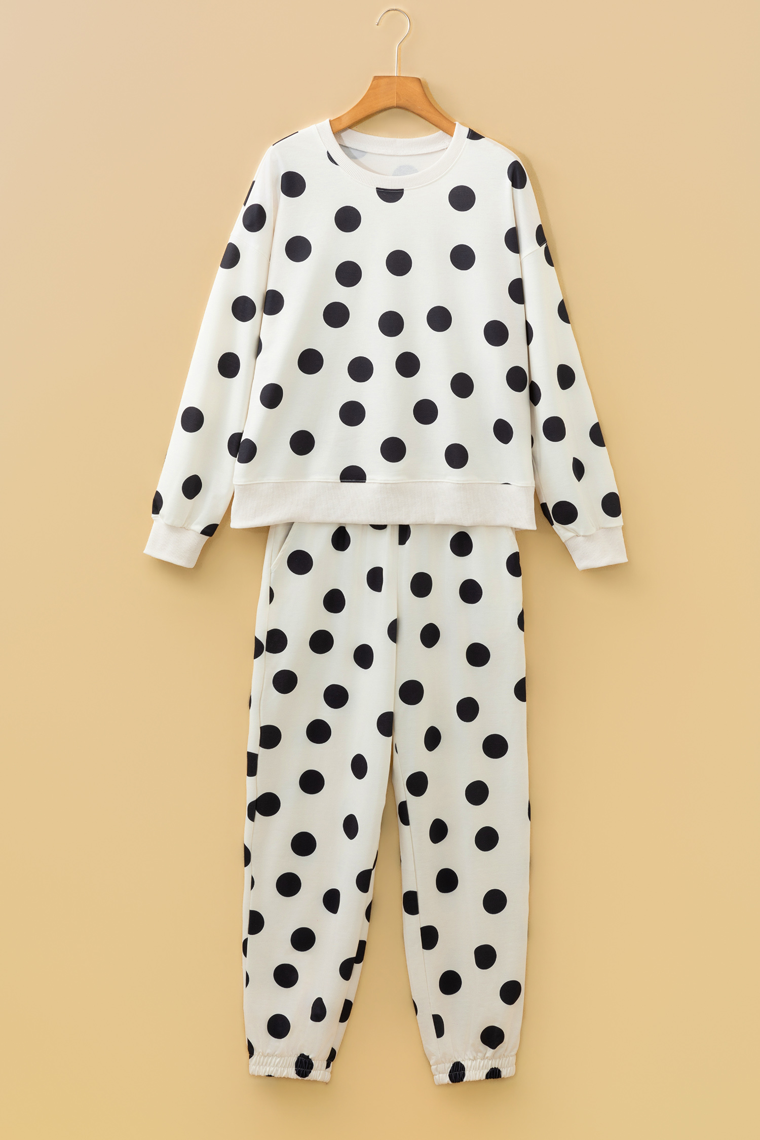 Beige Polka Dot Print Drop Shoulder Pullover Drawstring Jogger Pant Set