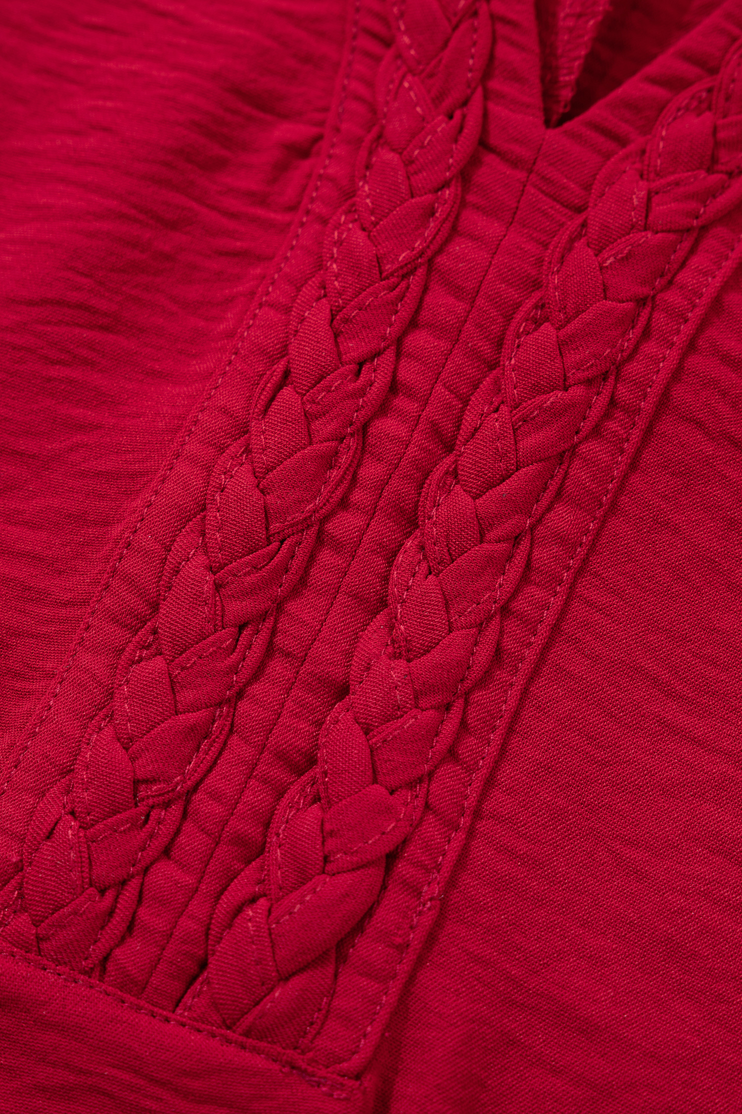 Racing Red Braided Trim V Neck Half Sleeve Blouse