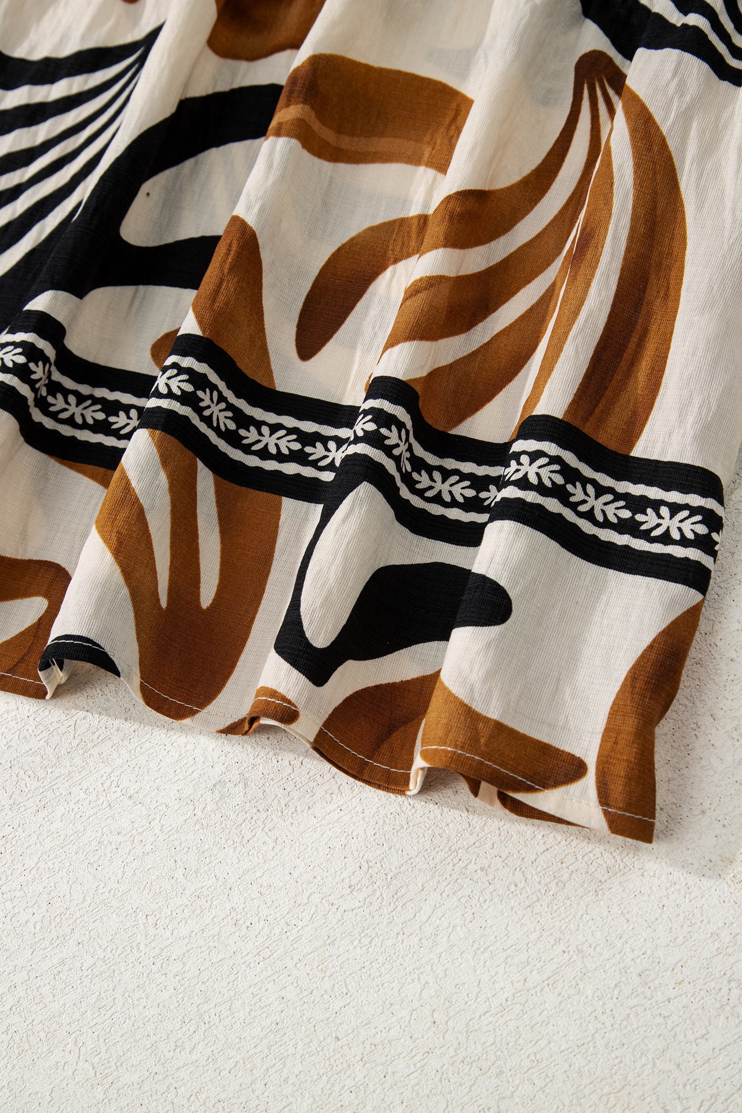 Brown Tropical Printed Contrast Trim Neck Long Sleeve Ruffle Hem Dress