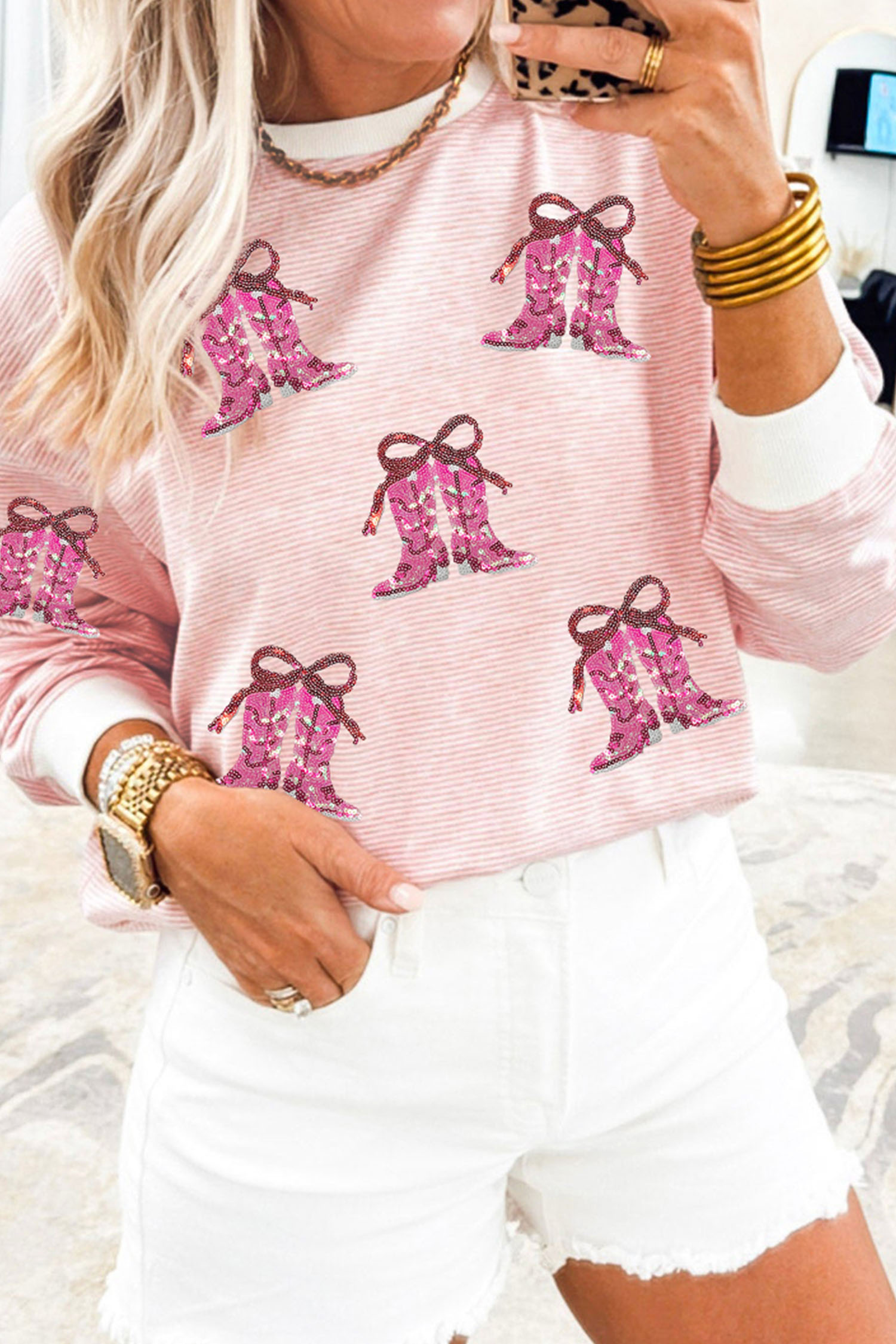 Pink Stripe Cowgirl Boots Sequin Pattern Round Neck Long Sleeve T Shirt