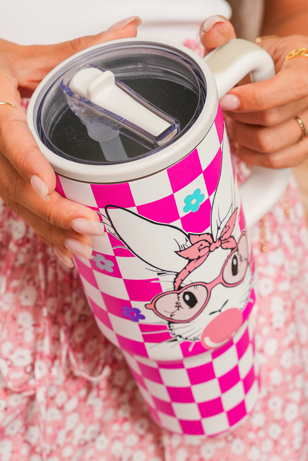 Rose Red Easter Rabbit Flower Checkered Print Large Tumbler 40oz