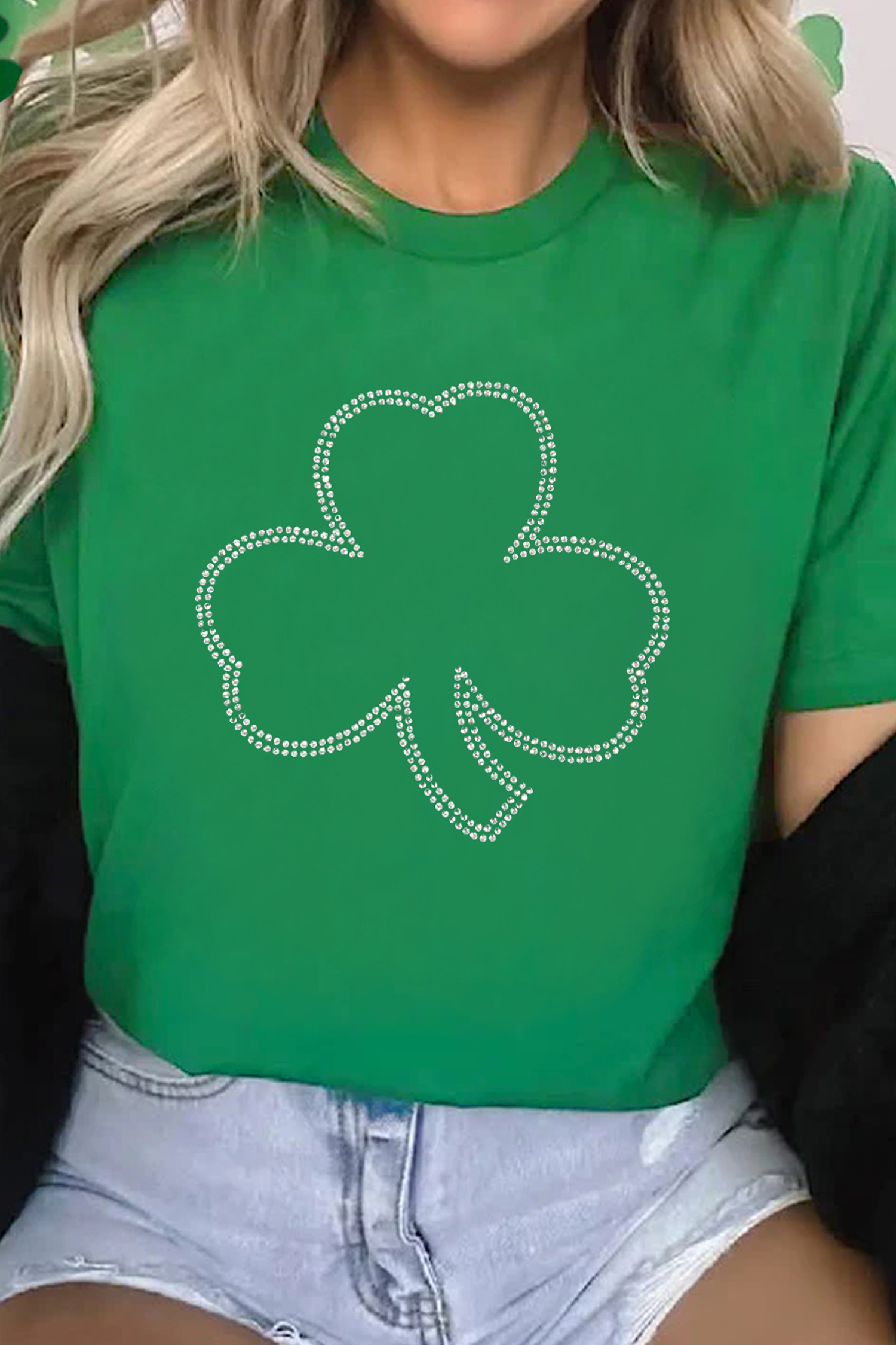 Bright Green Rhinestone Clover St Patricks Day T Shirt
