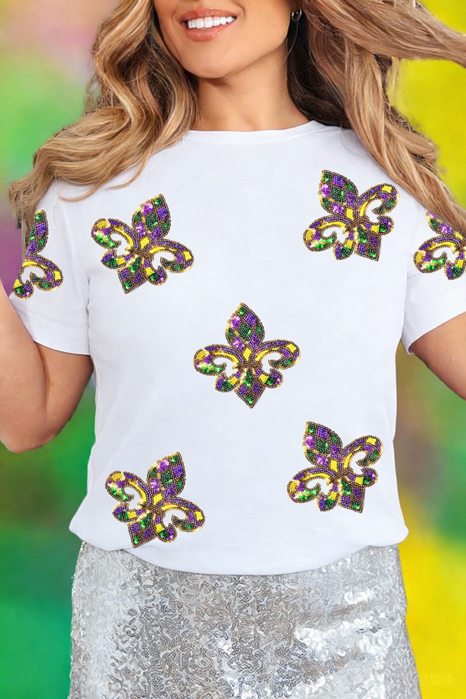 White Maid Gras Sequin Fleur de Lis Graphic T Shirt