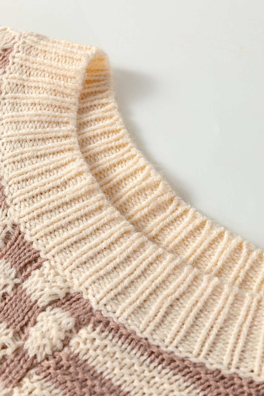 Khaki Stripe Checkerboard Drop Shoulder Balloon Sleeve Sweater