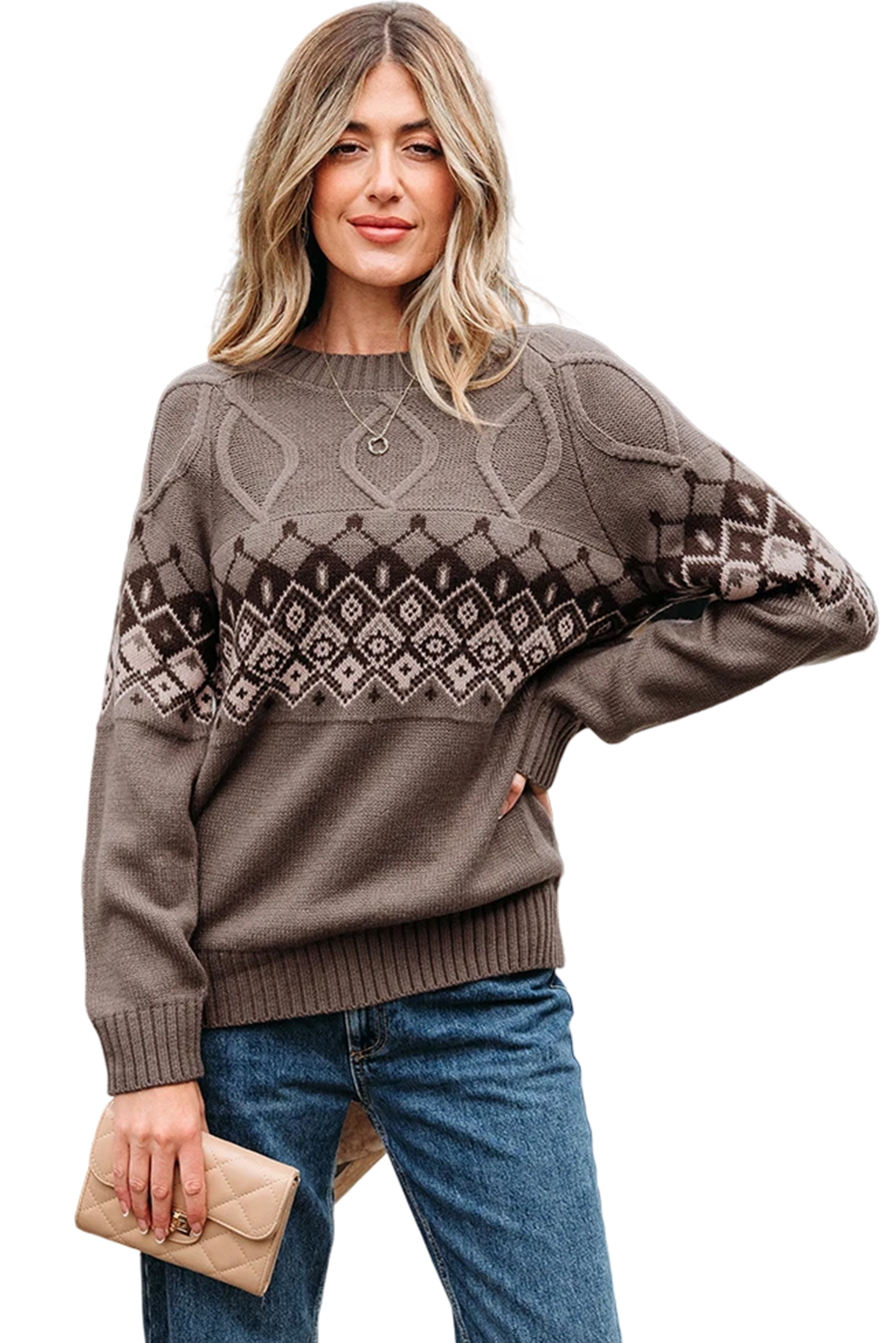 Light French Beige Western Geometric Patterned Crew Neck Knitted Sweater