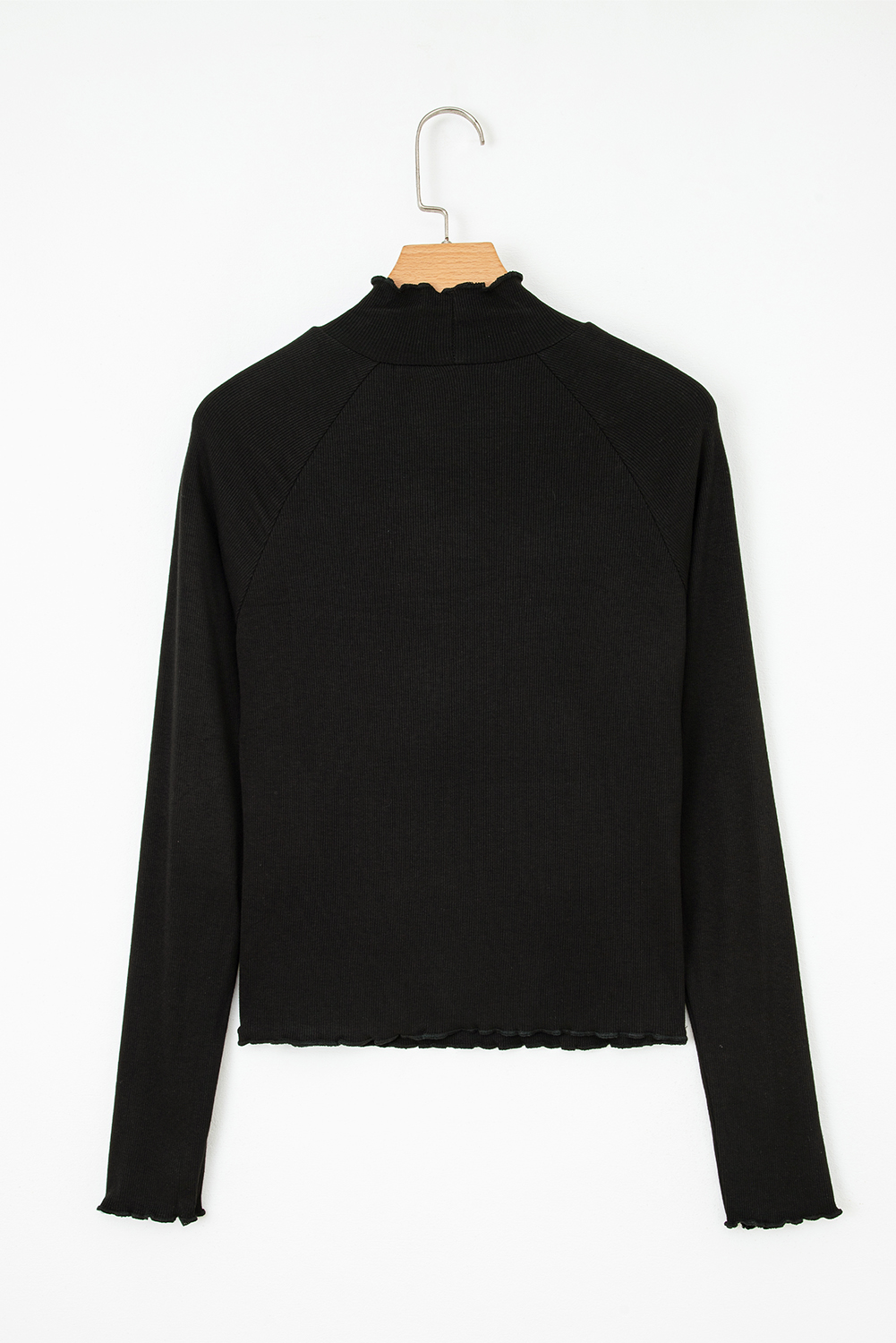 Black Ribbed Knit Lettuce Trim High Neck Long Sleeve Top