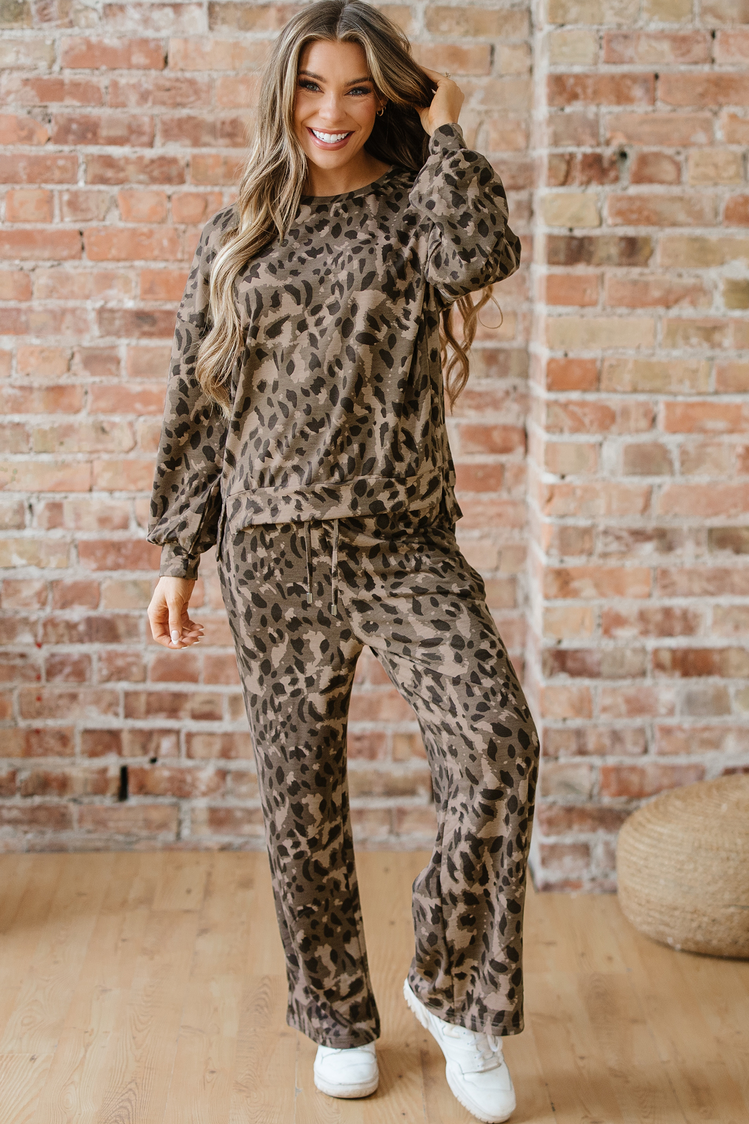 Brown Leopard Loose Tee Drawstring Waist Barrel Pants Set