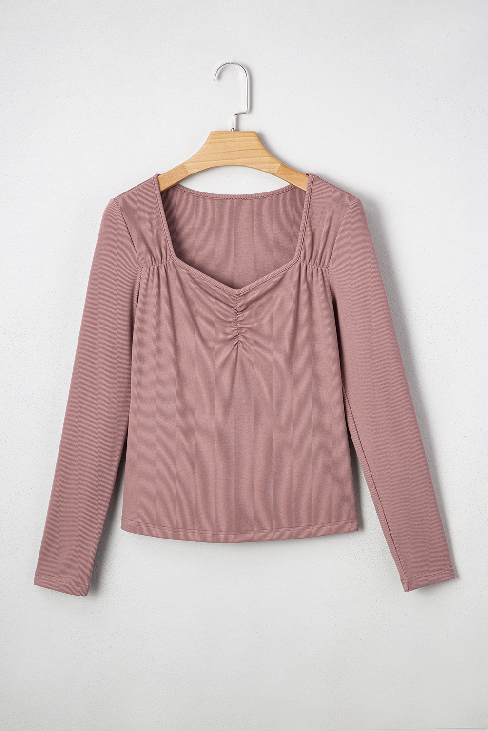 Burgundy Gathered Bust Square Neck Ribbed Fit Long Sleeve Top