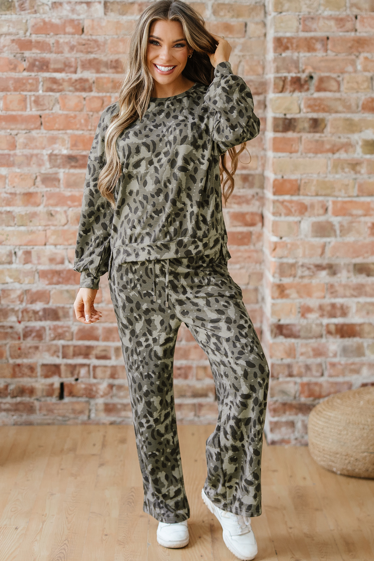 Brown Leopard Loose Tee Drawstring Waist Barrel Pants Set