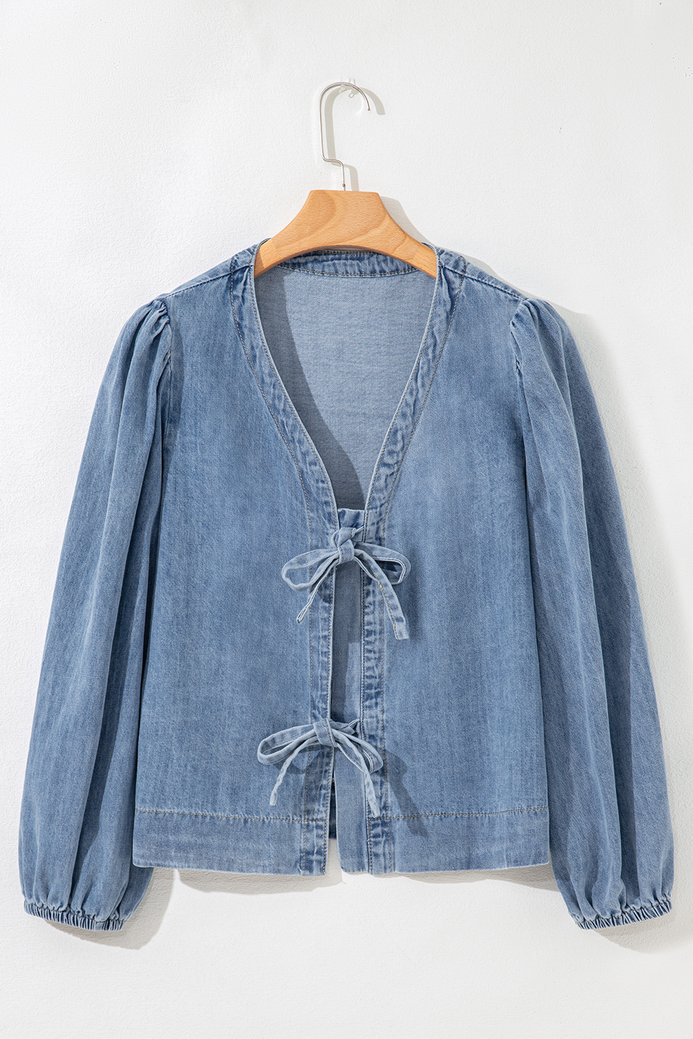 Dusk Blue Tied Front Long Puff Sleeve Denim Top