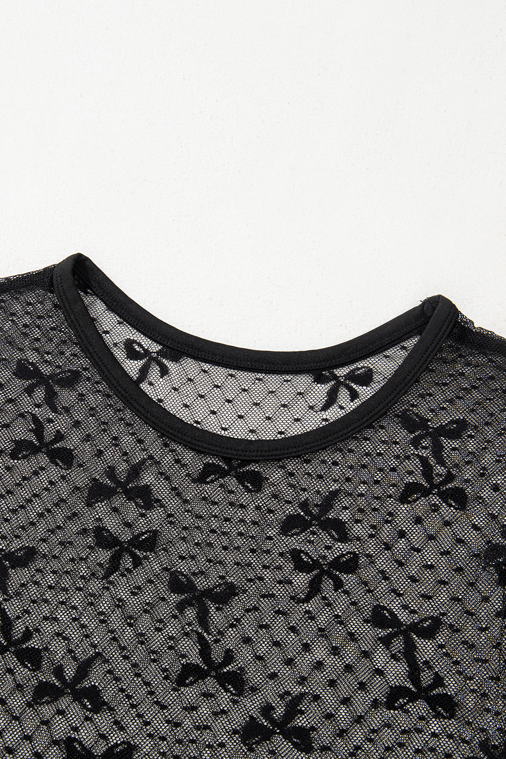 Black Bow Knot Dotted See-through Mesh Patched Slim Fit Blouse
