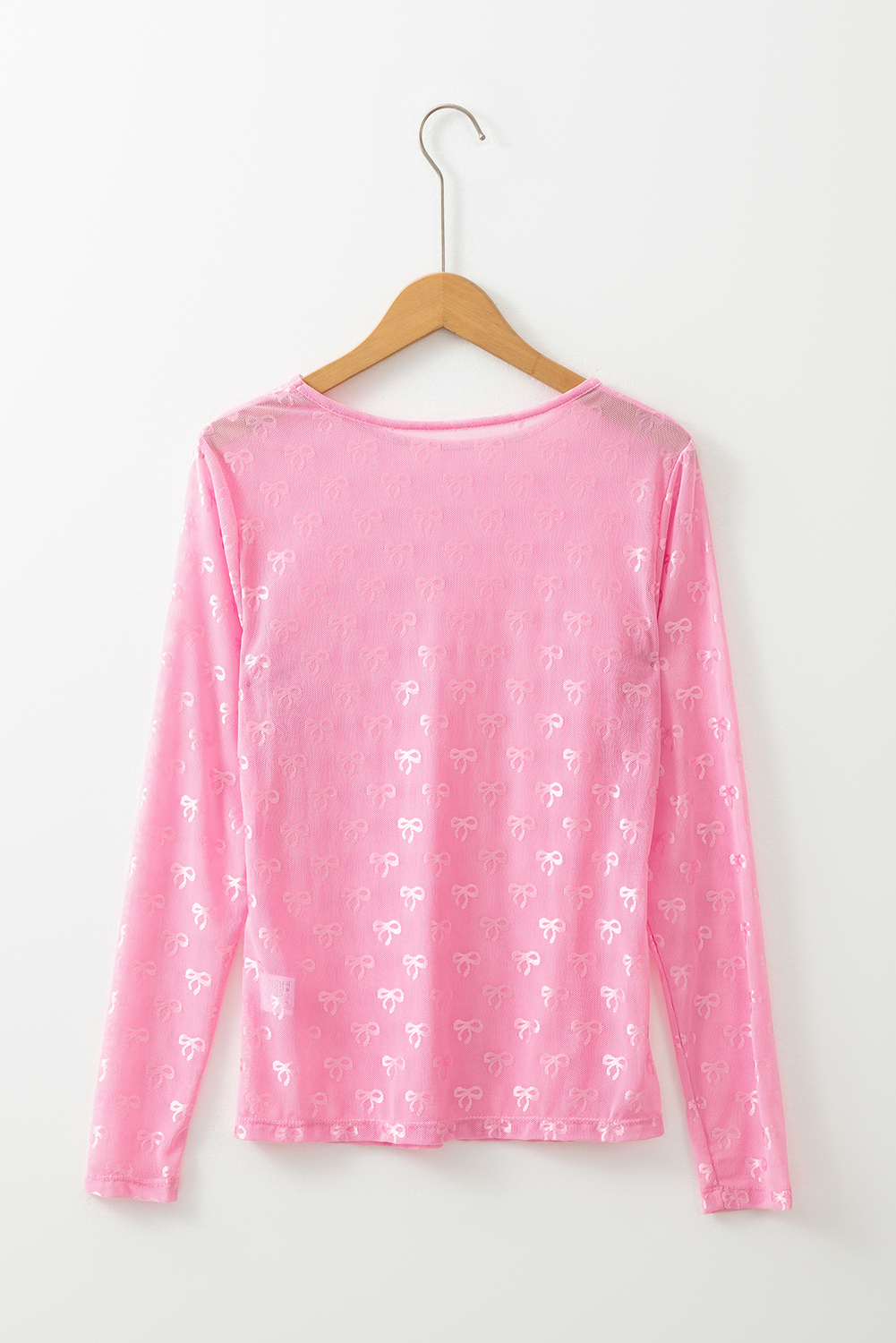 Pink Round Neck Bow Print Long Sleeve Mesh Top