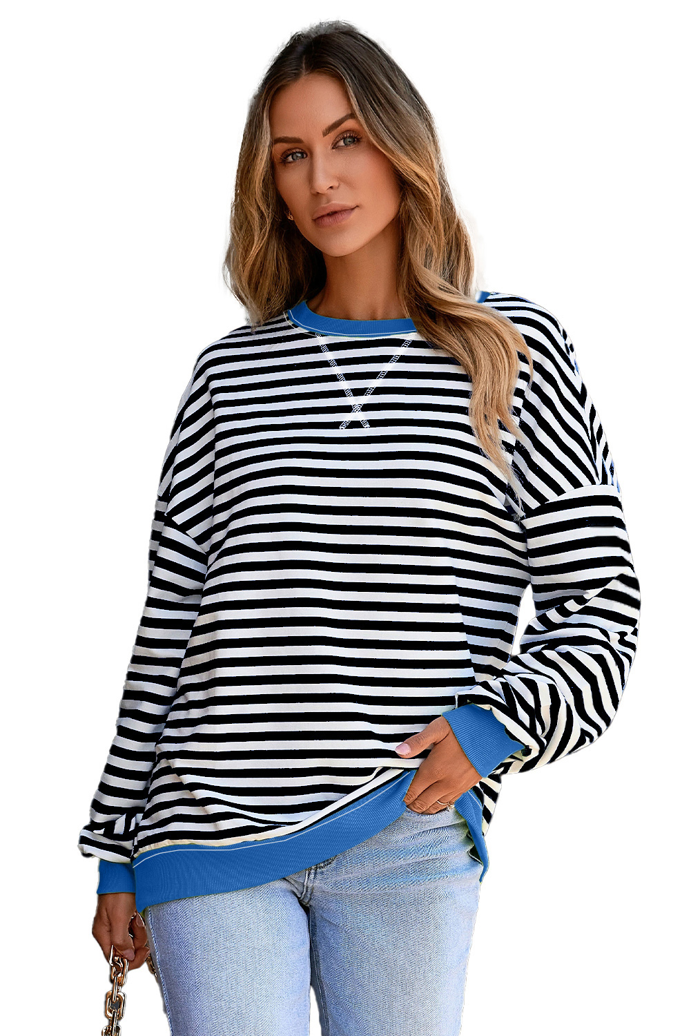 Red Stripe Contrast Ribbed Trim Crossed Stitch Drop Shoulder Sweatshirt