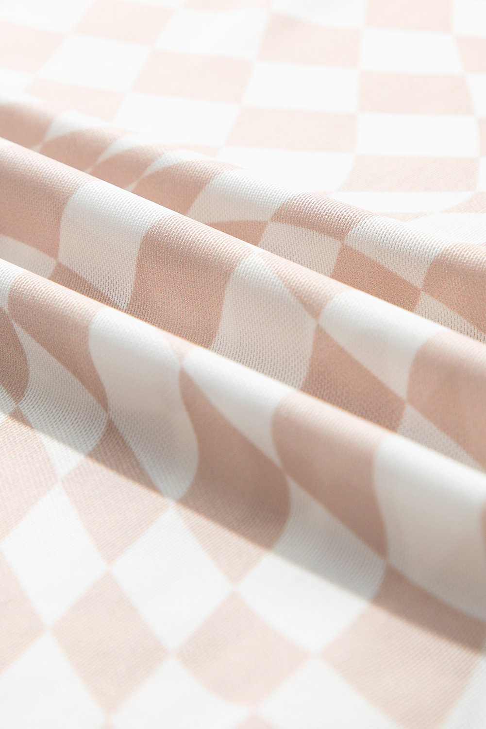 Khaki Checkered Pattern Mesh Mock Neck Long Sleeve Top