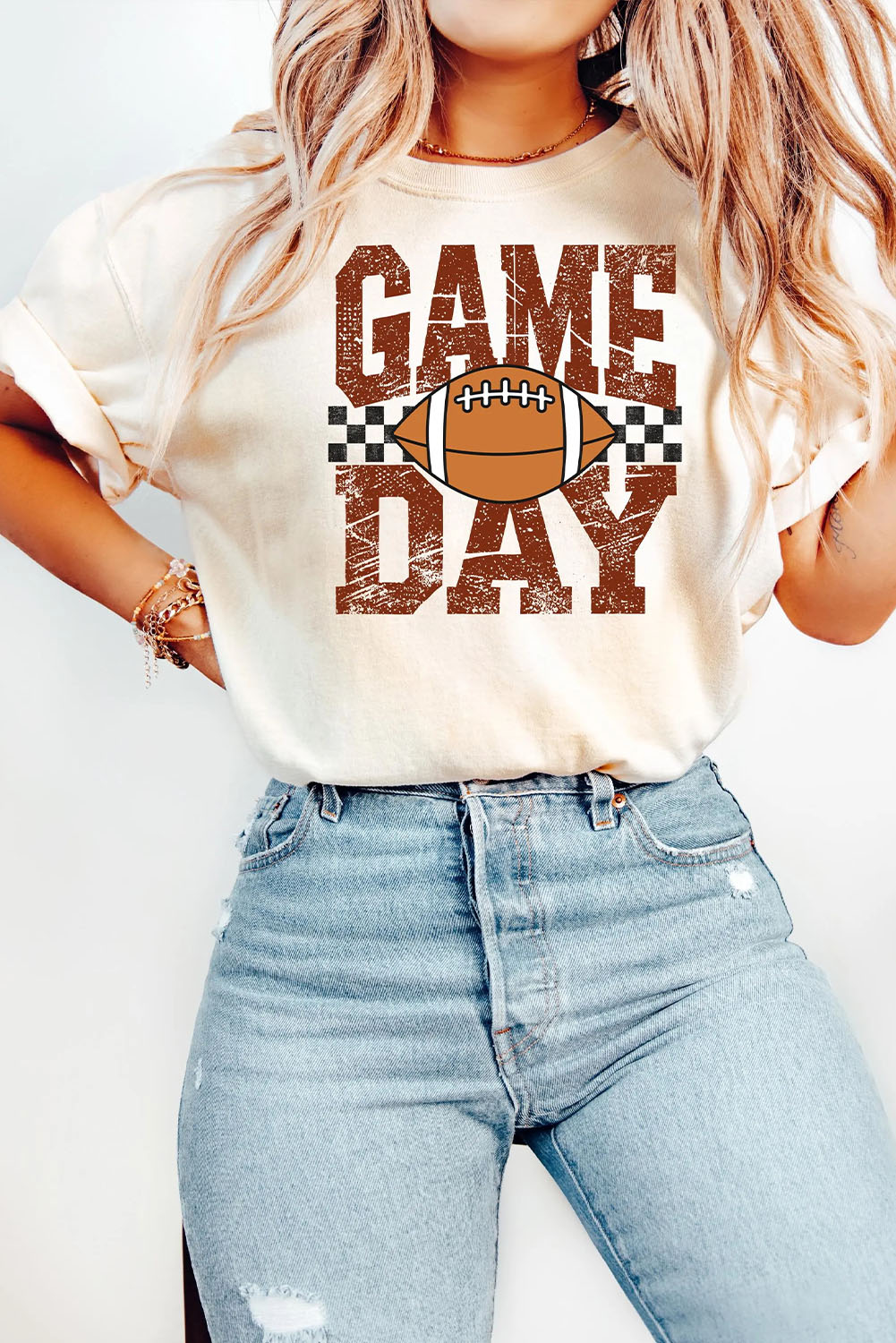 White GAME DAY Checkered Rugby Print Vintage Graphic Tee