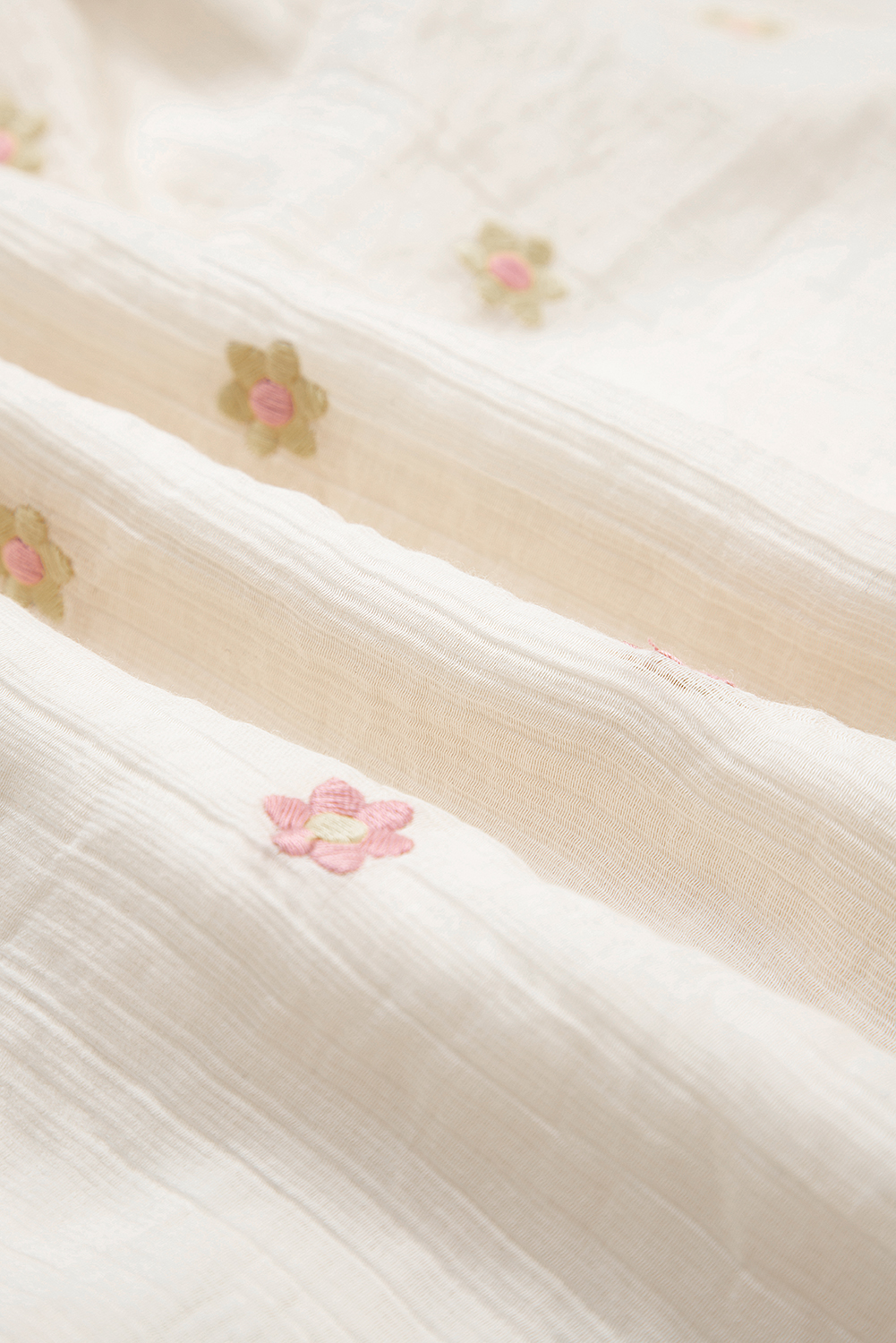 Beige Embroidered Flower Smocked Bust Half Puff Sleeve Empire Waist Textured Flowy Dress