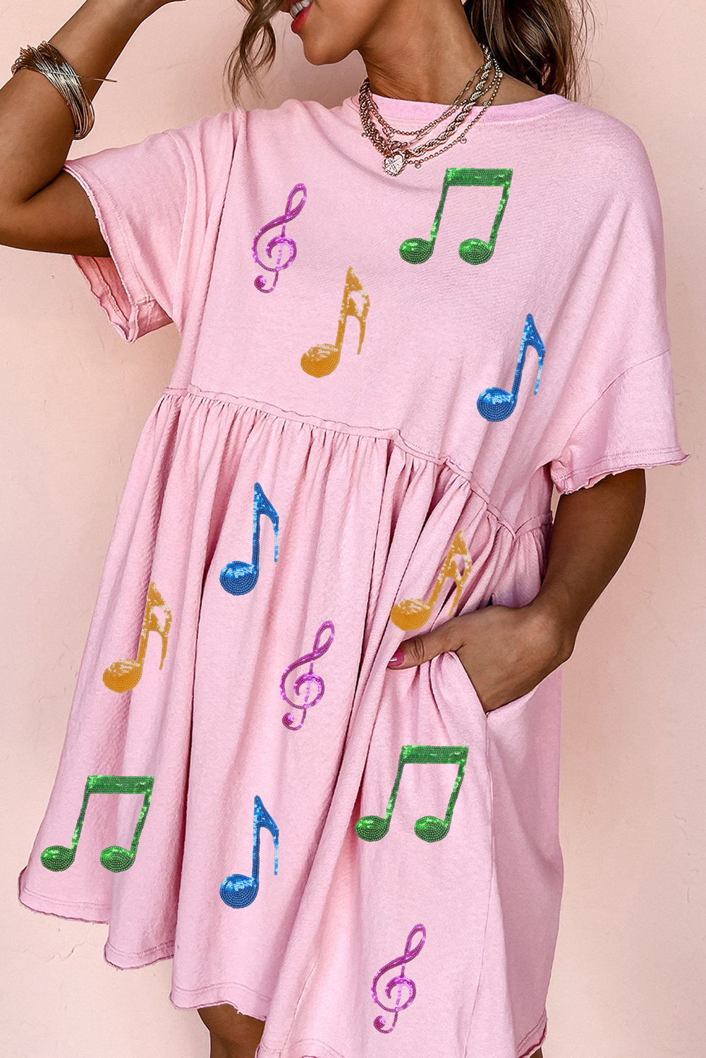 Light Pink Sequined Note Pattern Raw Edge Music Festival Babydoll T-shirt Dress
