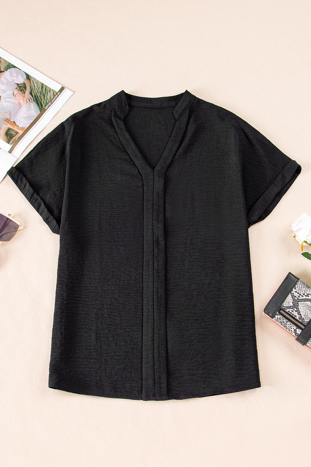 Black Notched Neck Batwing Sleeve Lightweight Blouse