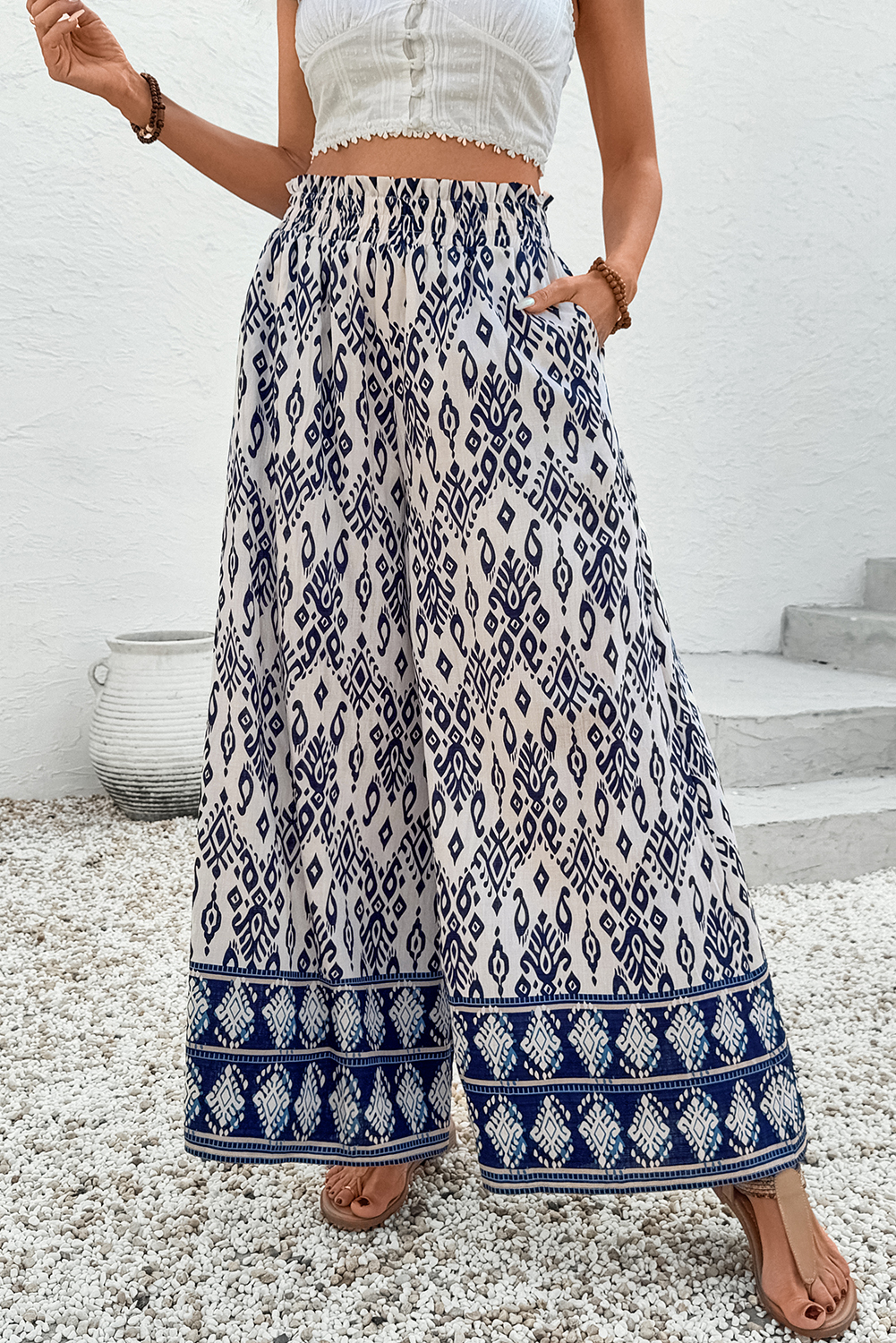 Blue Boho Geometric Print Shirred High Waist Wide Leg Jumpsuit