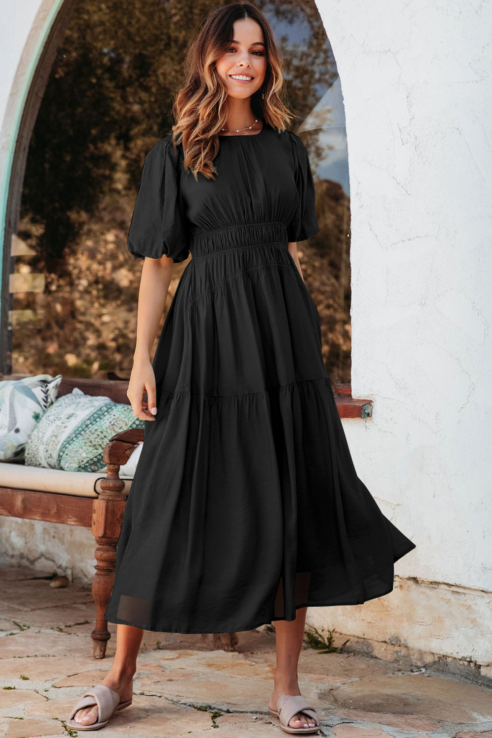 Black Puff Sleeve Pleated High Waist Flowy Midi Dress