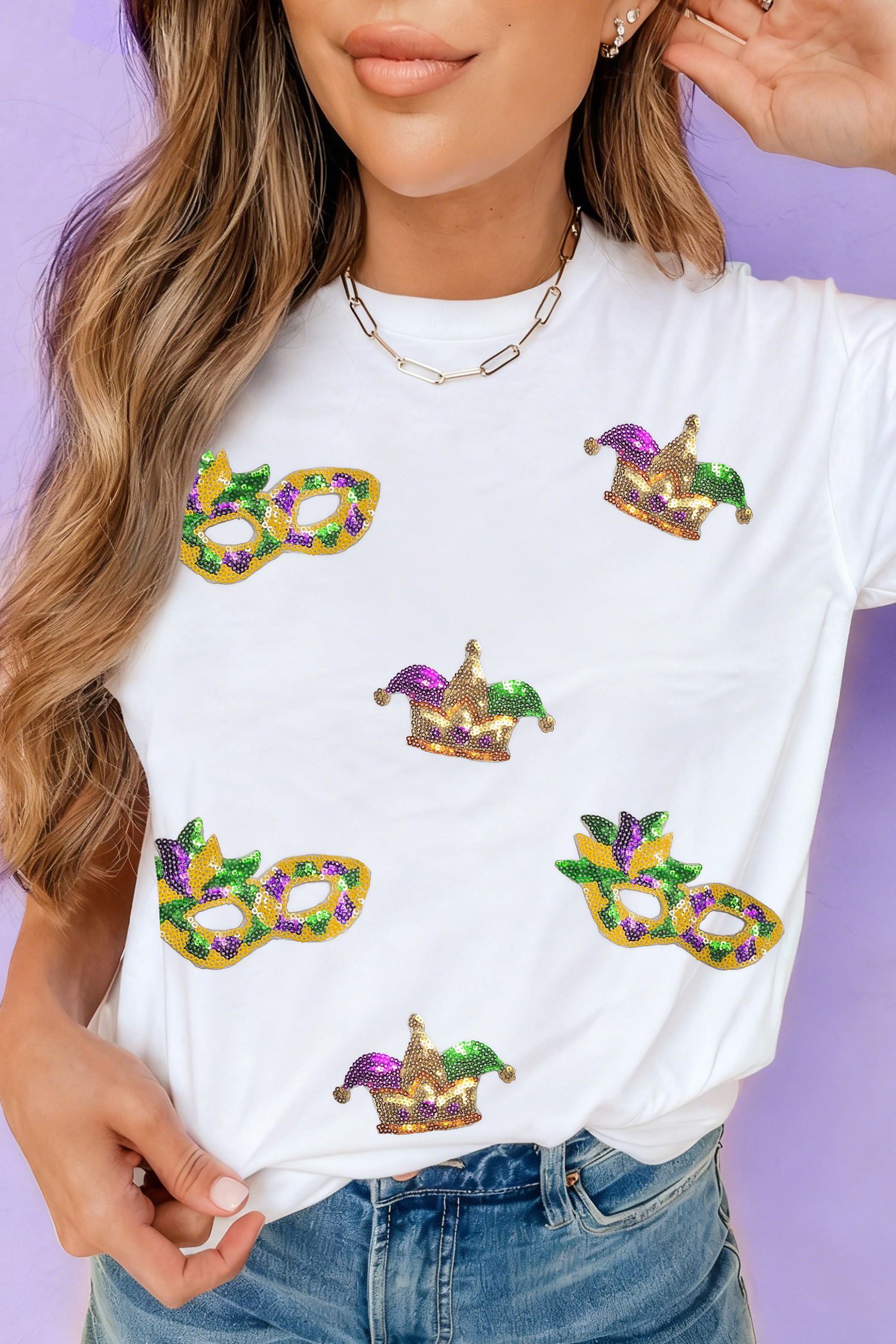 White Sequined Mardi Gras Accessories Patterned Festive T Shirt