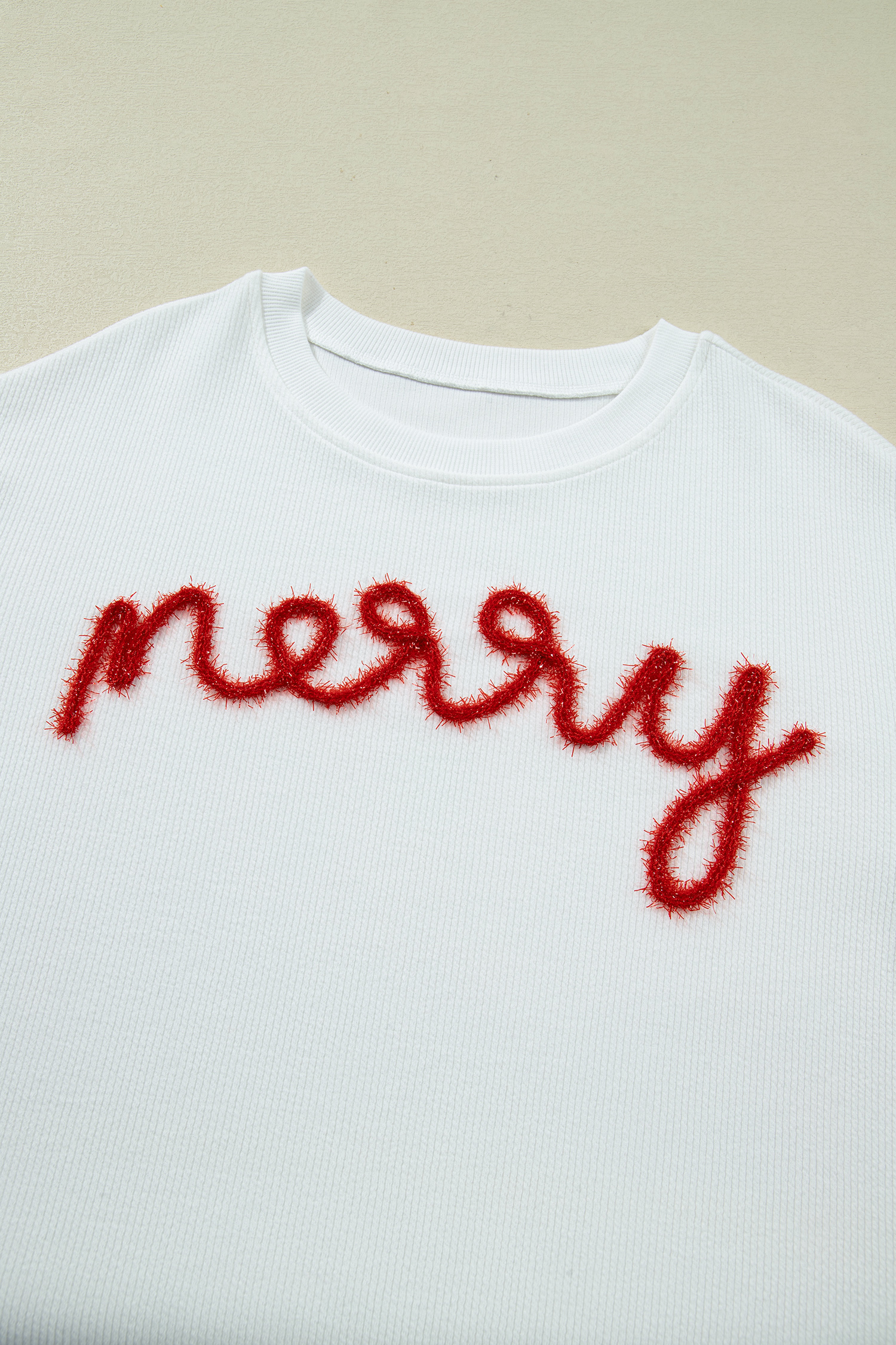 White Merry Tinsel Letter Embroidery Ribbed Drop Shoulder Sweatshirt