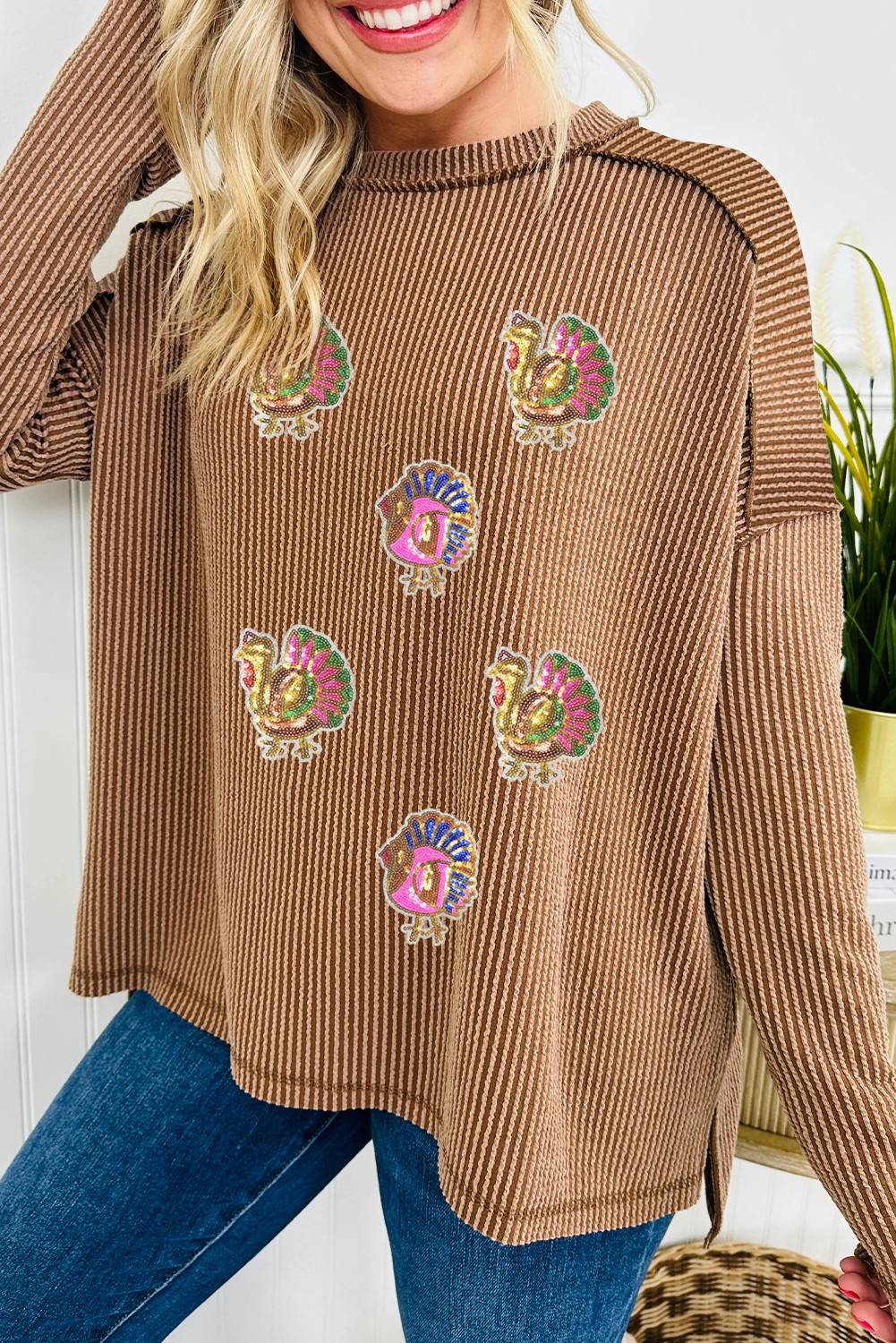 Dark Khaki Sequin Thanksgiving Turkey Patched Twisted Ribbed Exposed Seam Drop Shoulder Top