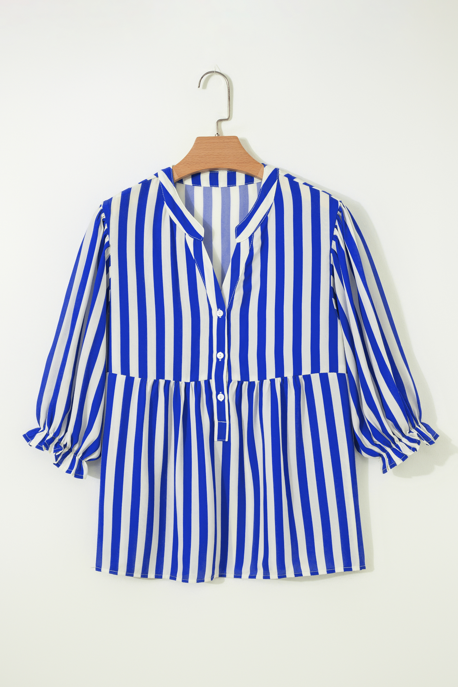 Sky Blue Stripe Balloon Sleeve Loose Button up Shirt