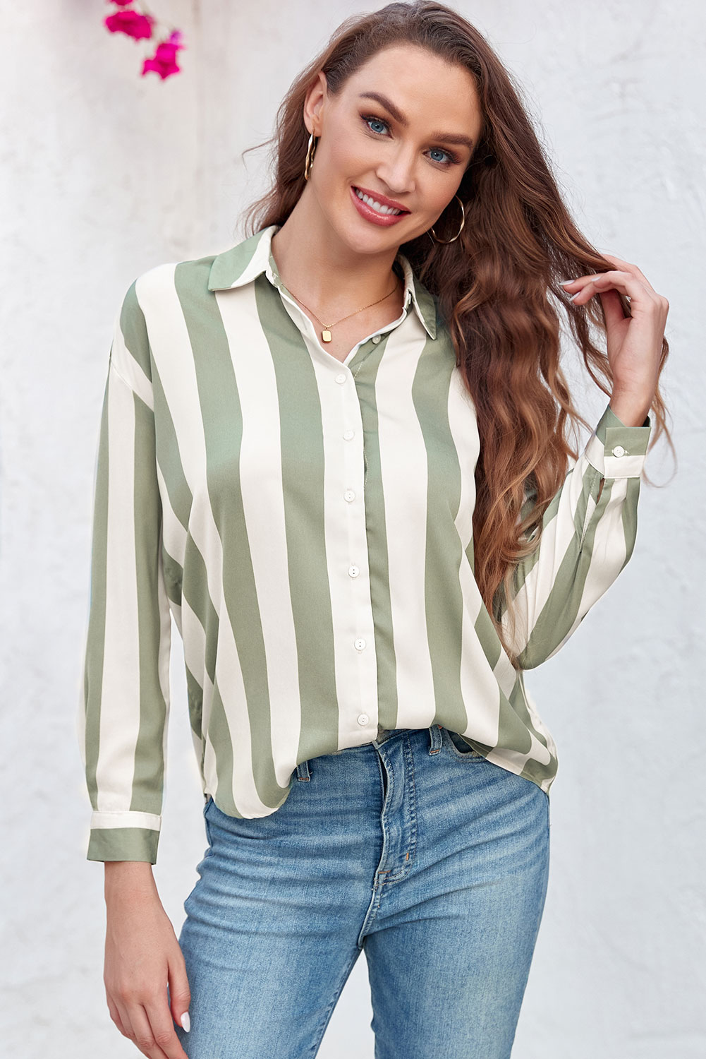 Green Striped Soft Relaxed Button Up Shirt