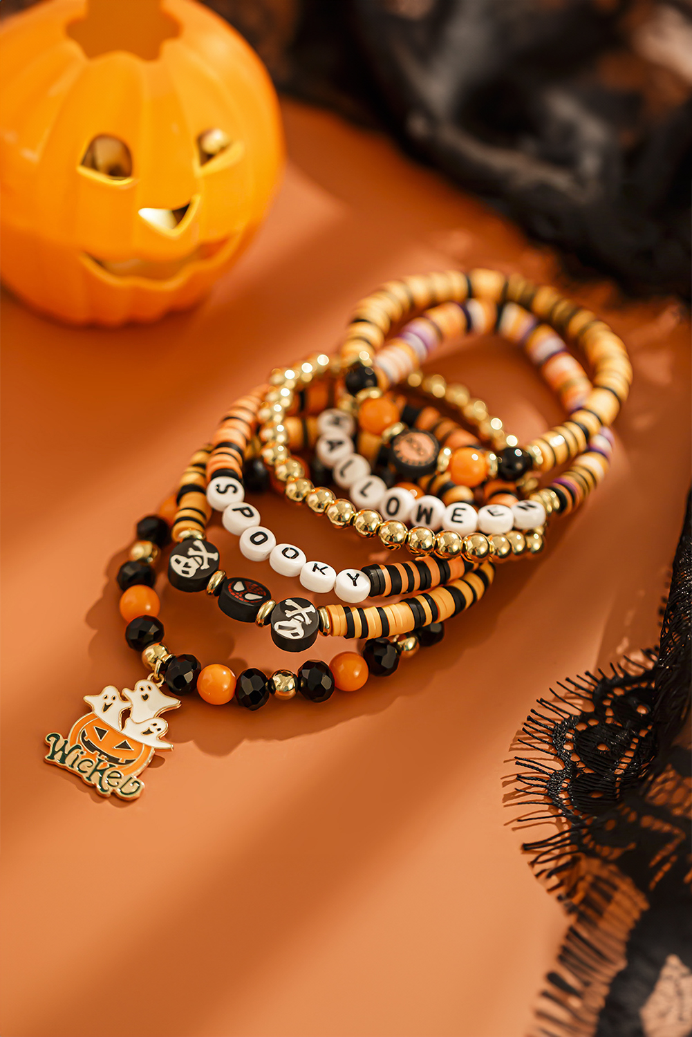 Carrot 6pcs Layered Halloween Pumpkin Ghost Spider Man Charm Stretch Bracelet Set