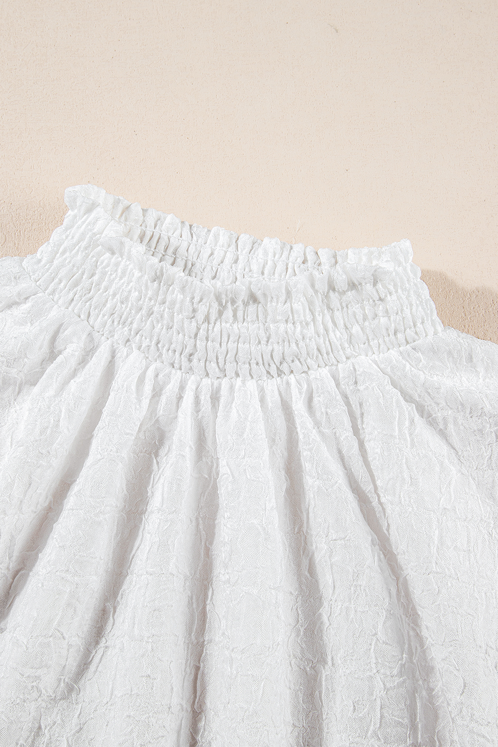 White Smocked Collar Sequin Flower Puff Sleeve Textured Top