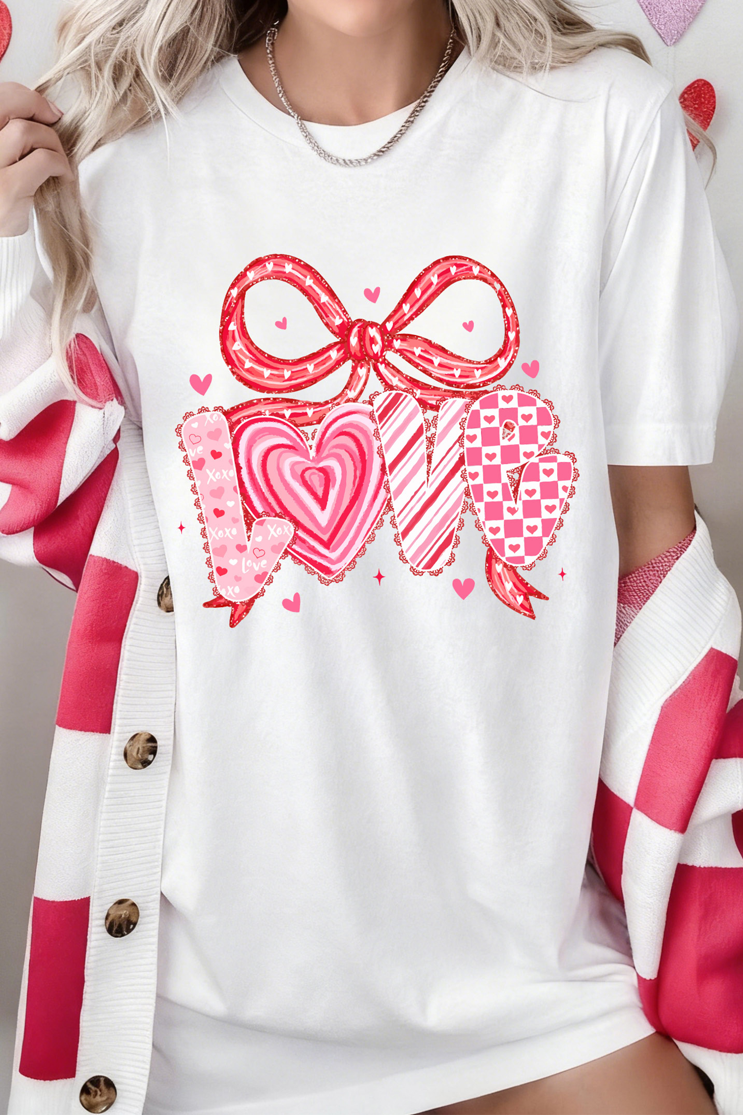 White Sweet LOVE Ribbon Bow Printed Valentines Day T Shirt