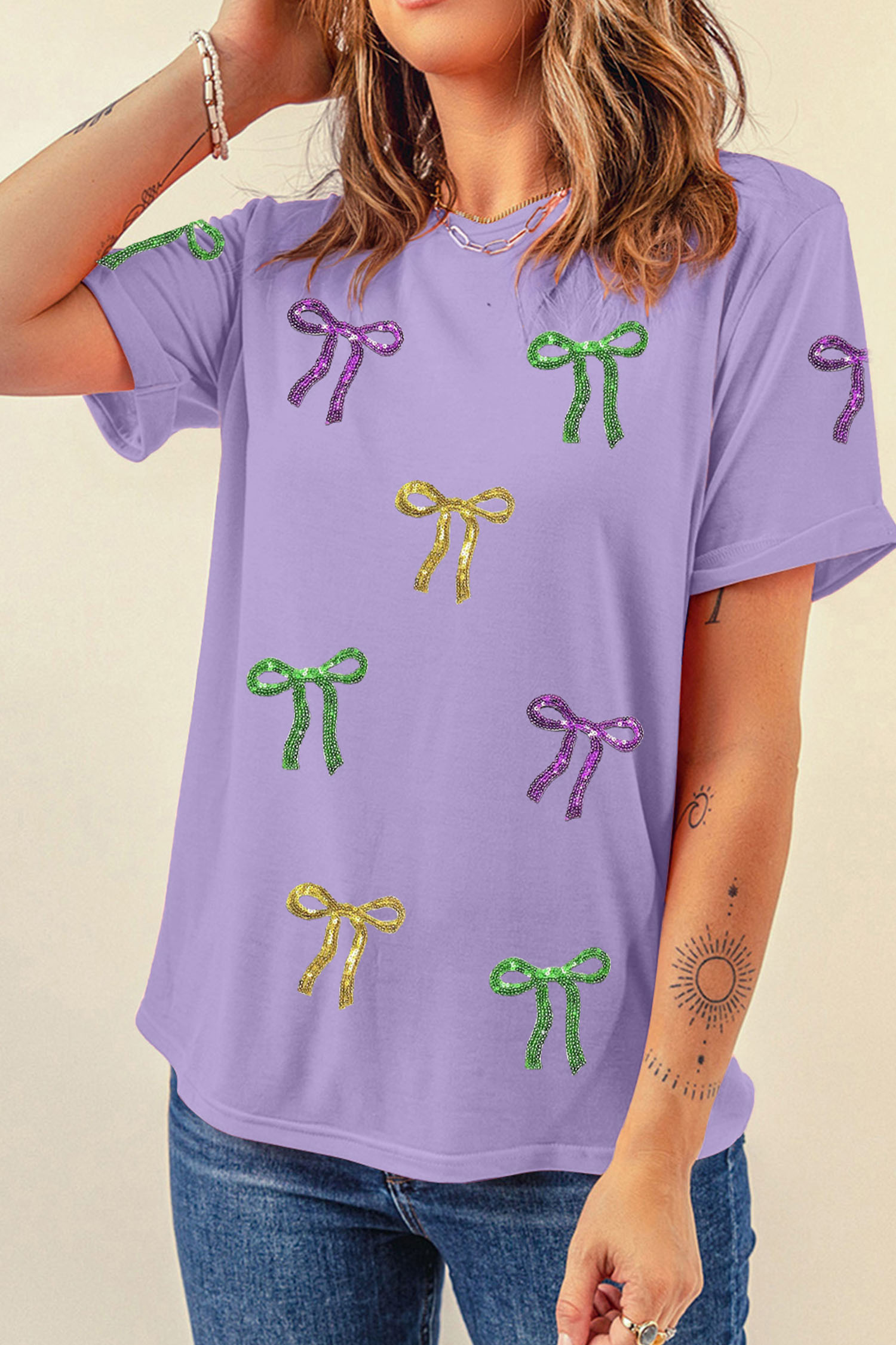Wisteria Mardi Gras Sequin Bow Crew Neck T Shirt